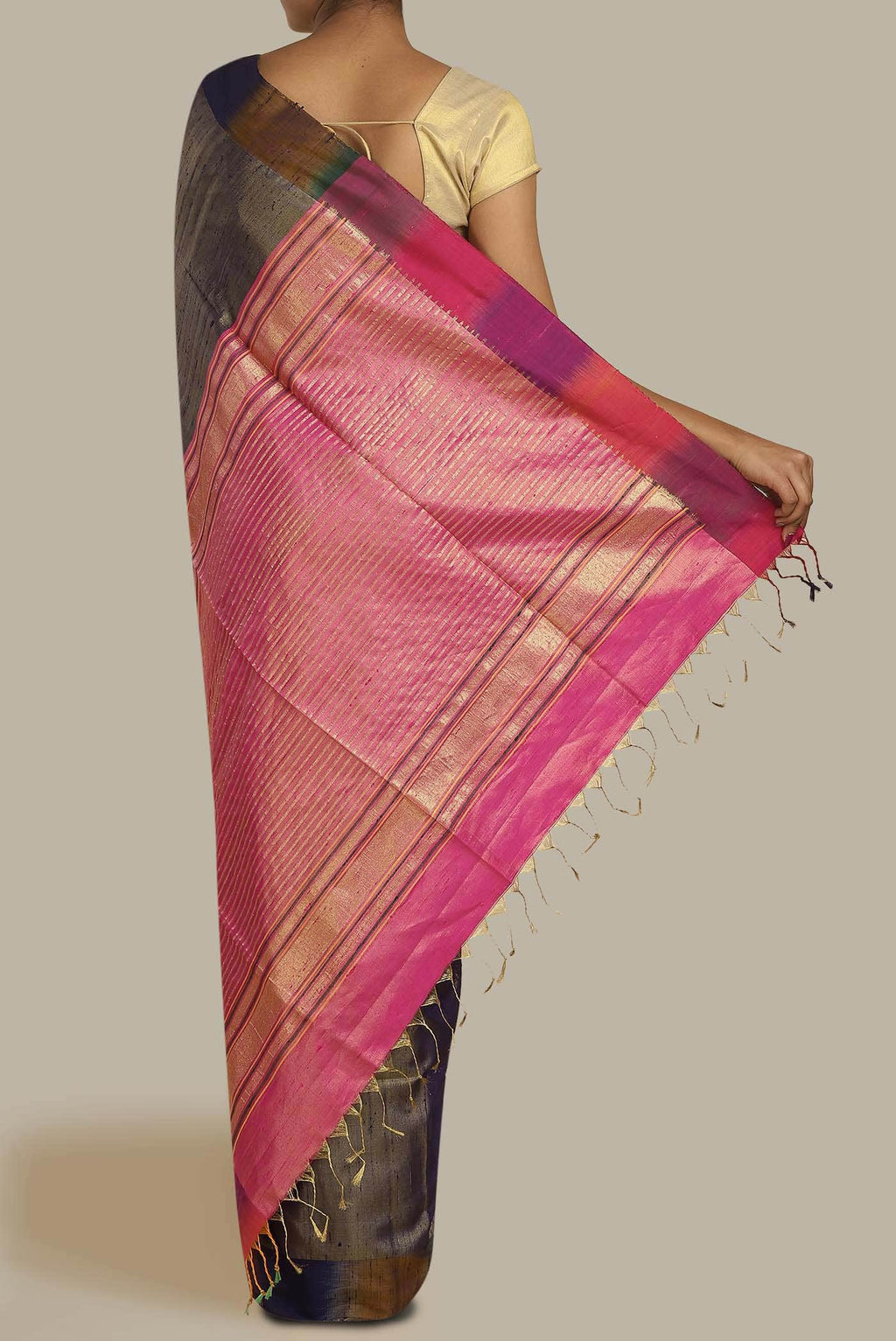 Blue with Gold Dual Tone Raw Silk Saree