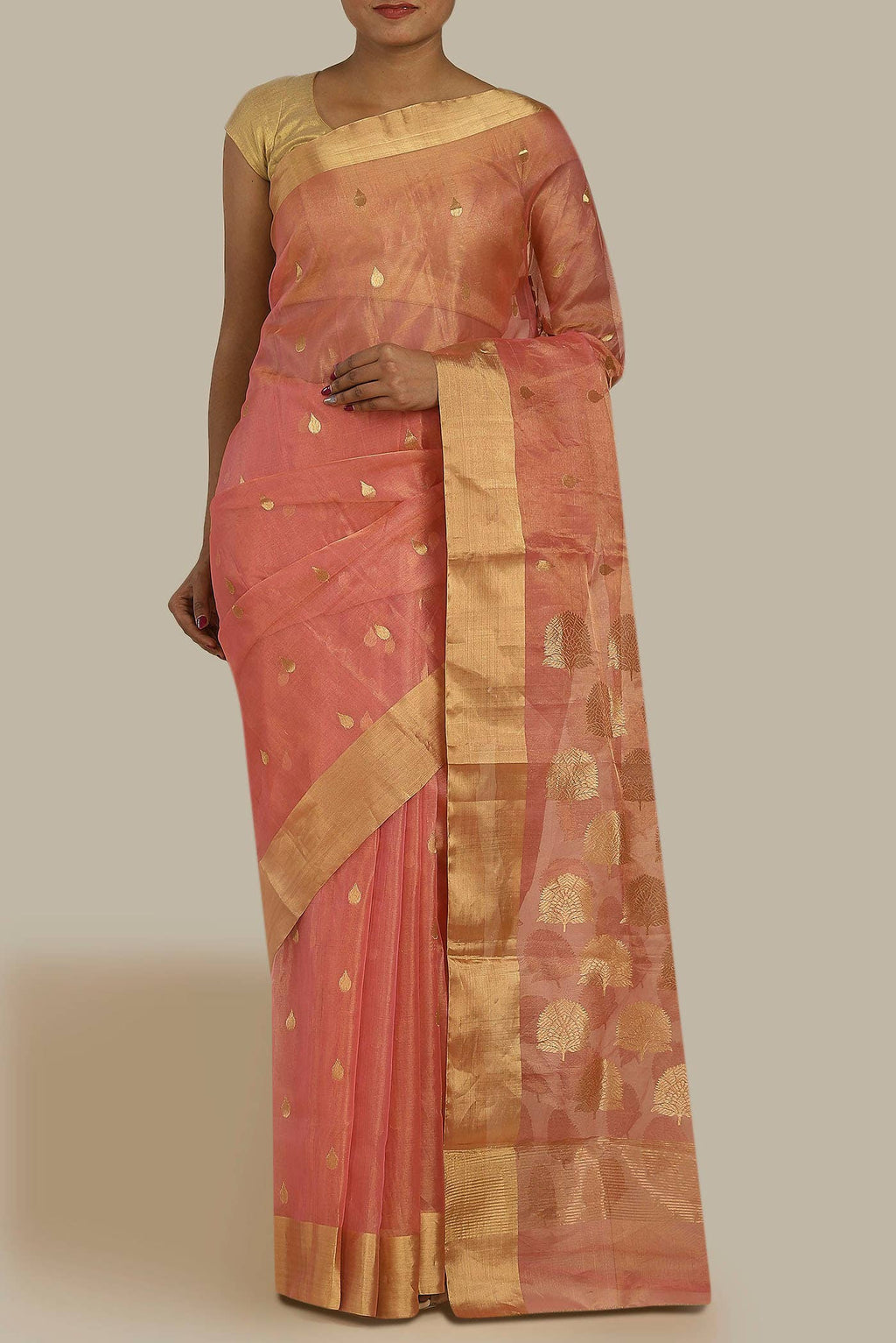 Coral Chanderi Tissue Silk Cotton Saree