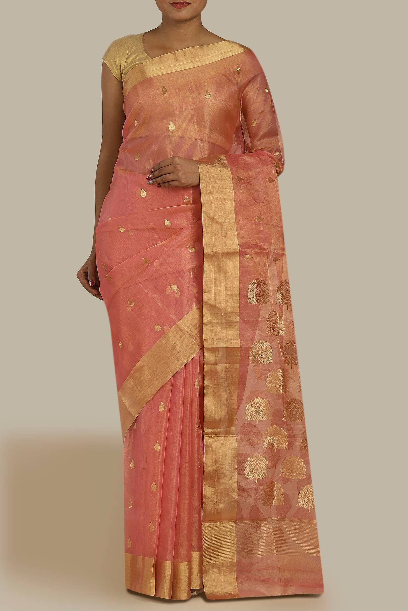 Coral Chanderi Tissue Silk Cotton Saree