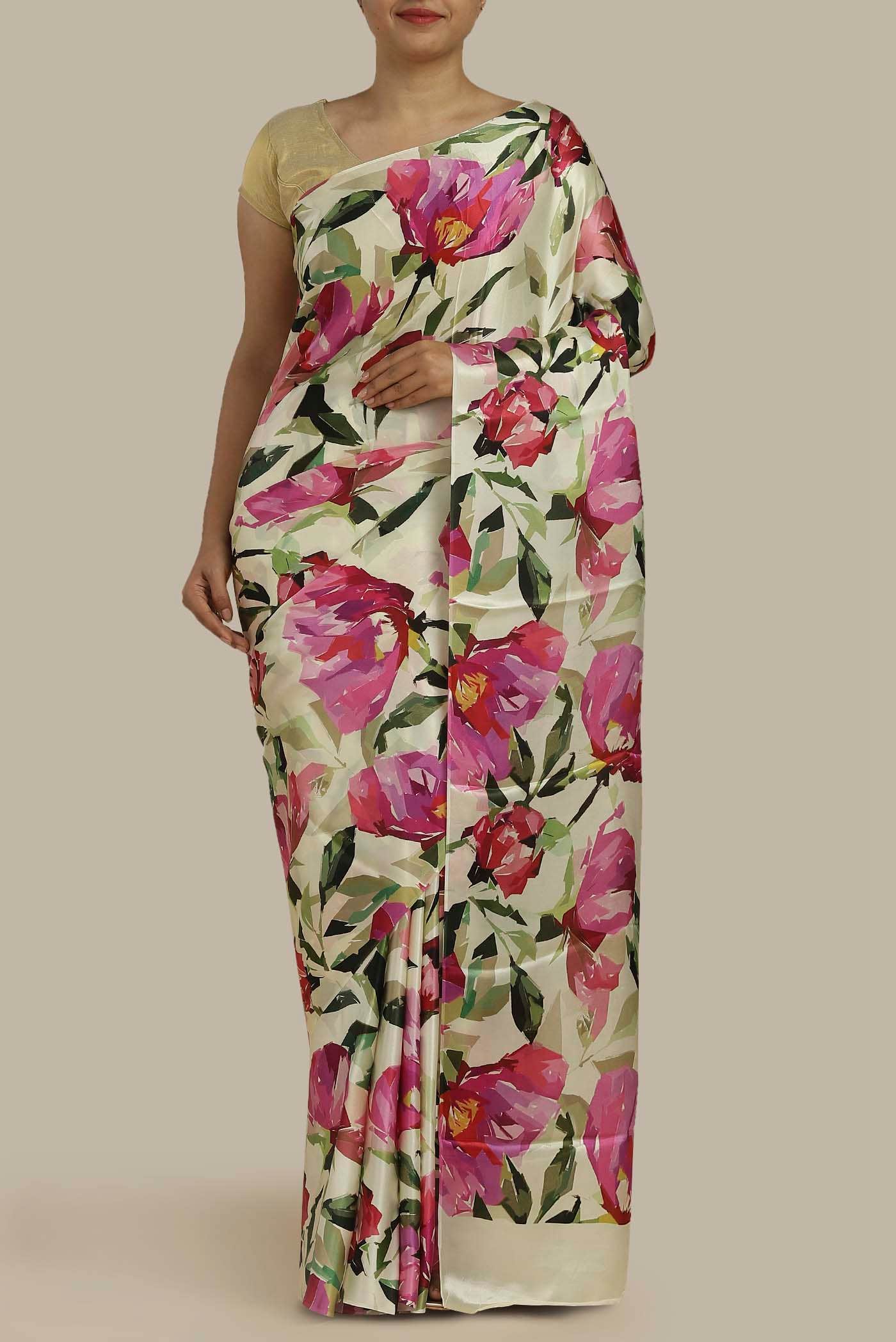 Cream Satin Crepe Saree