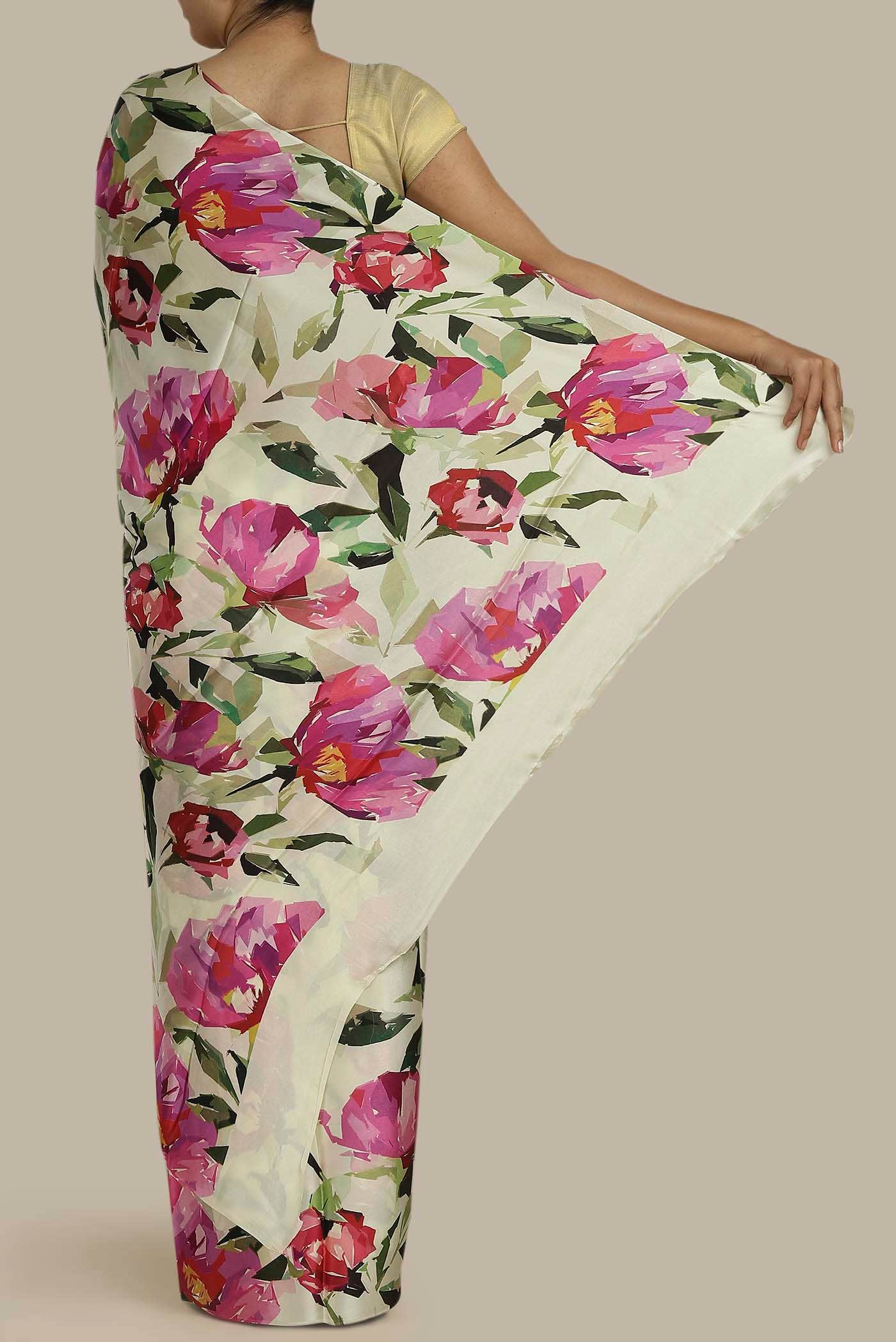 Cream Satin Crepe Saree