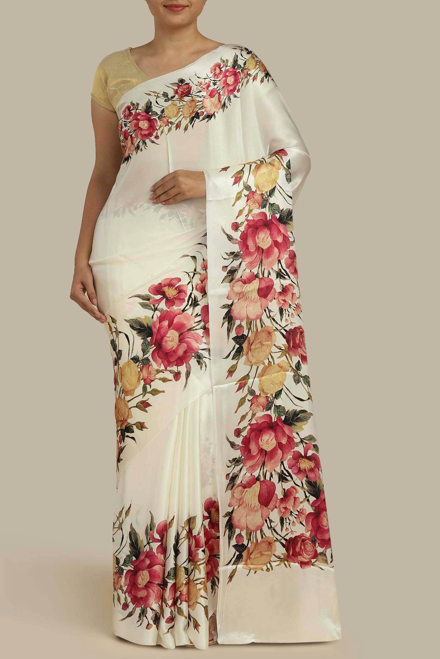 Cream Satin Crepe Saree