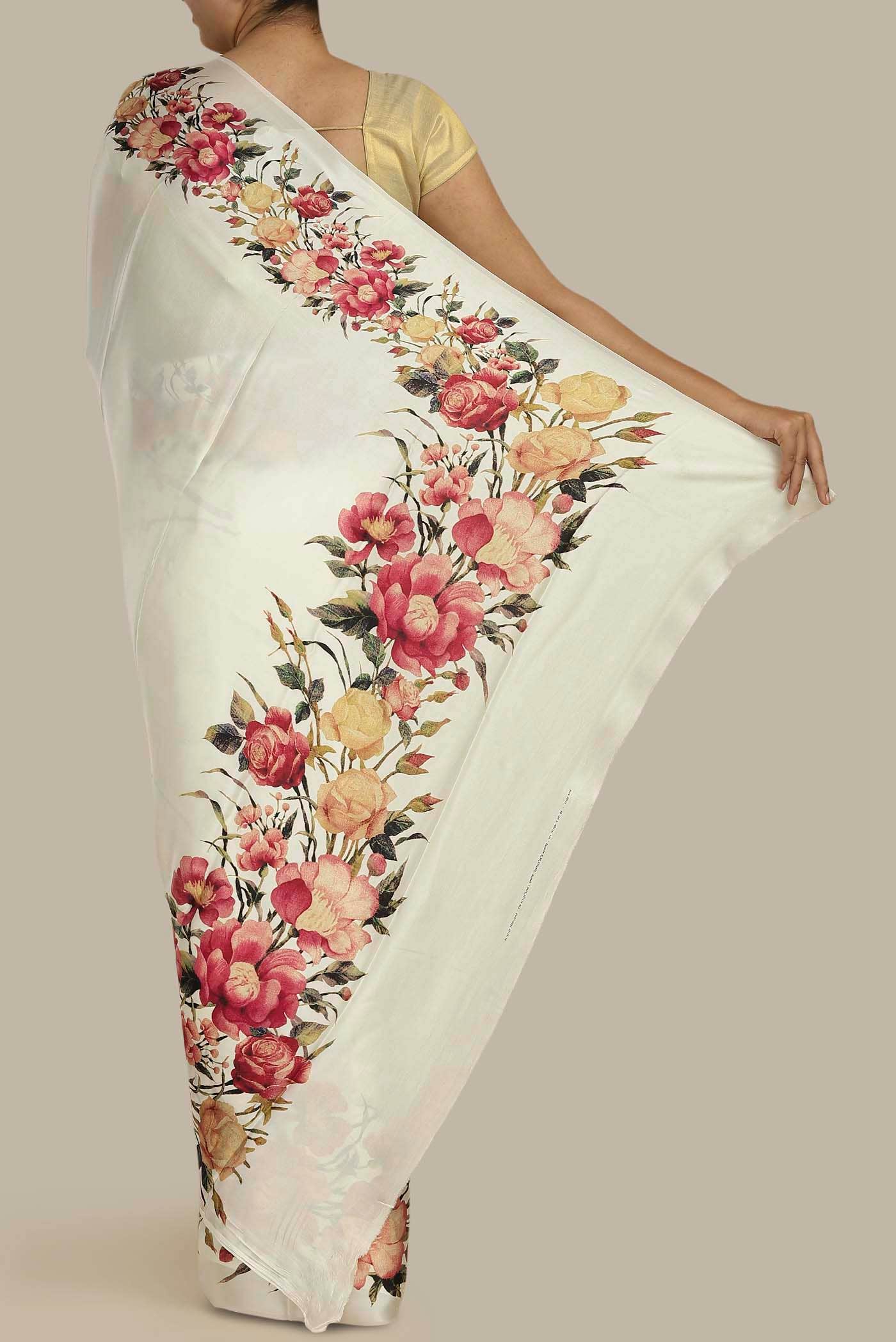 Cream Satin Crepe Saree