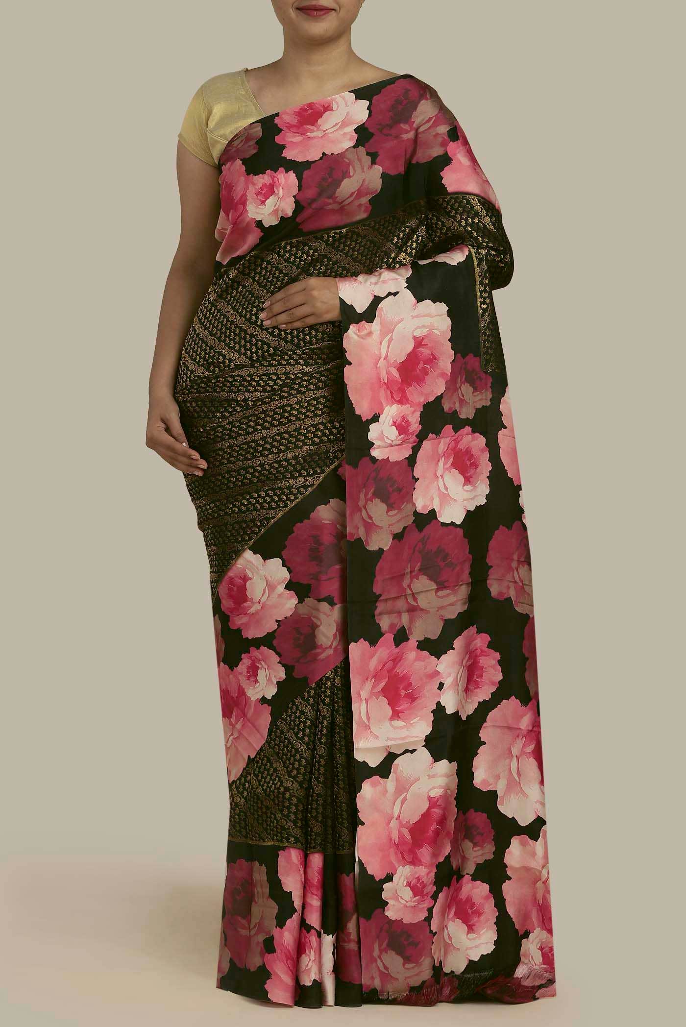 Black Satin Crepe Saree