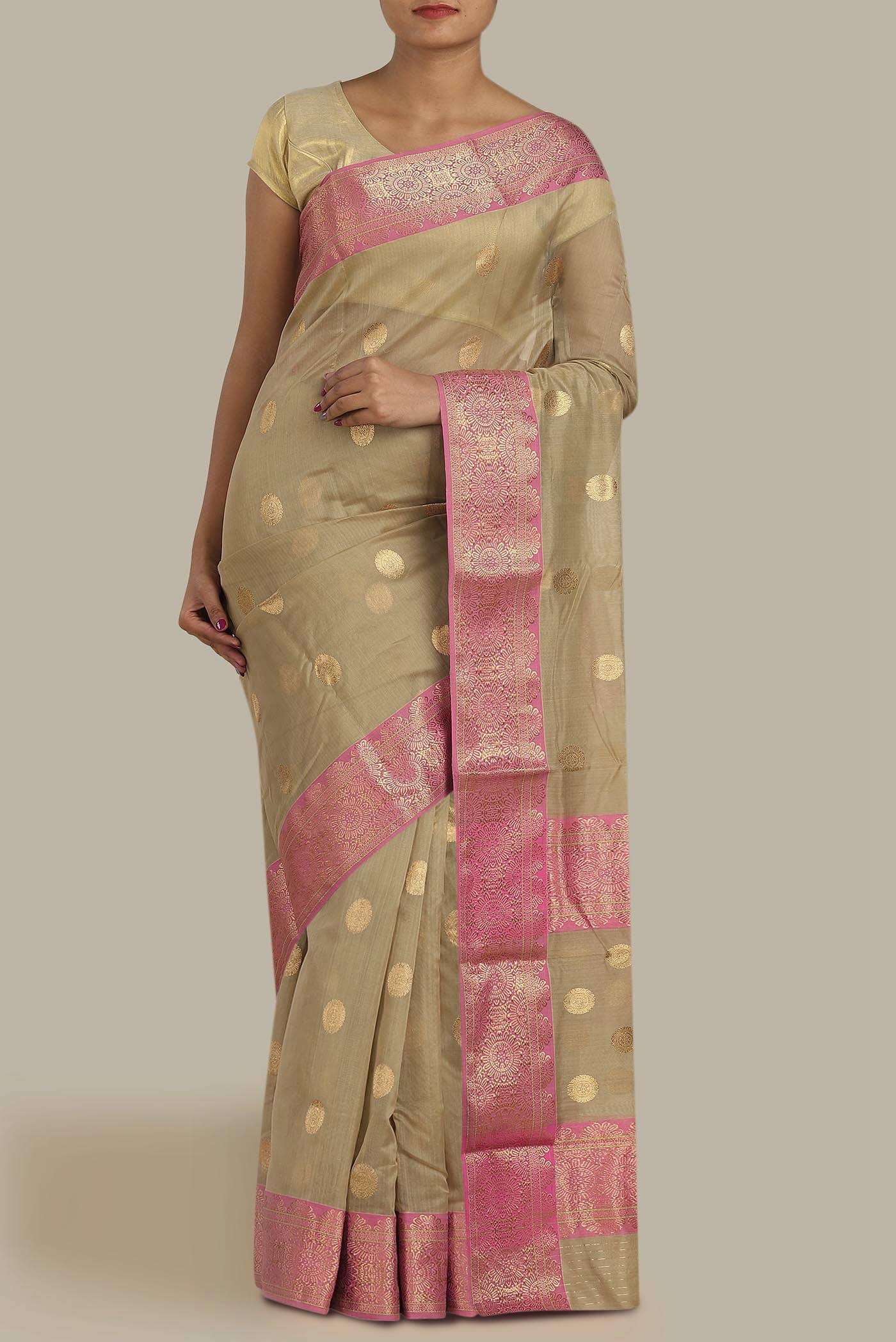 Beige Chanderi Silk Saree