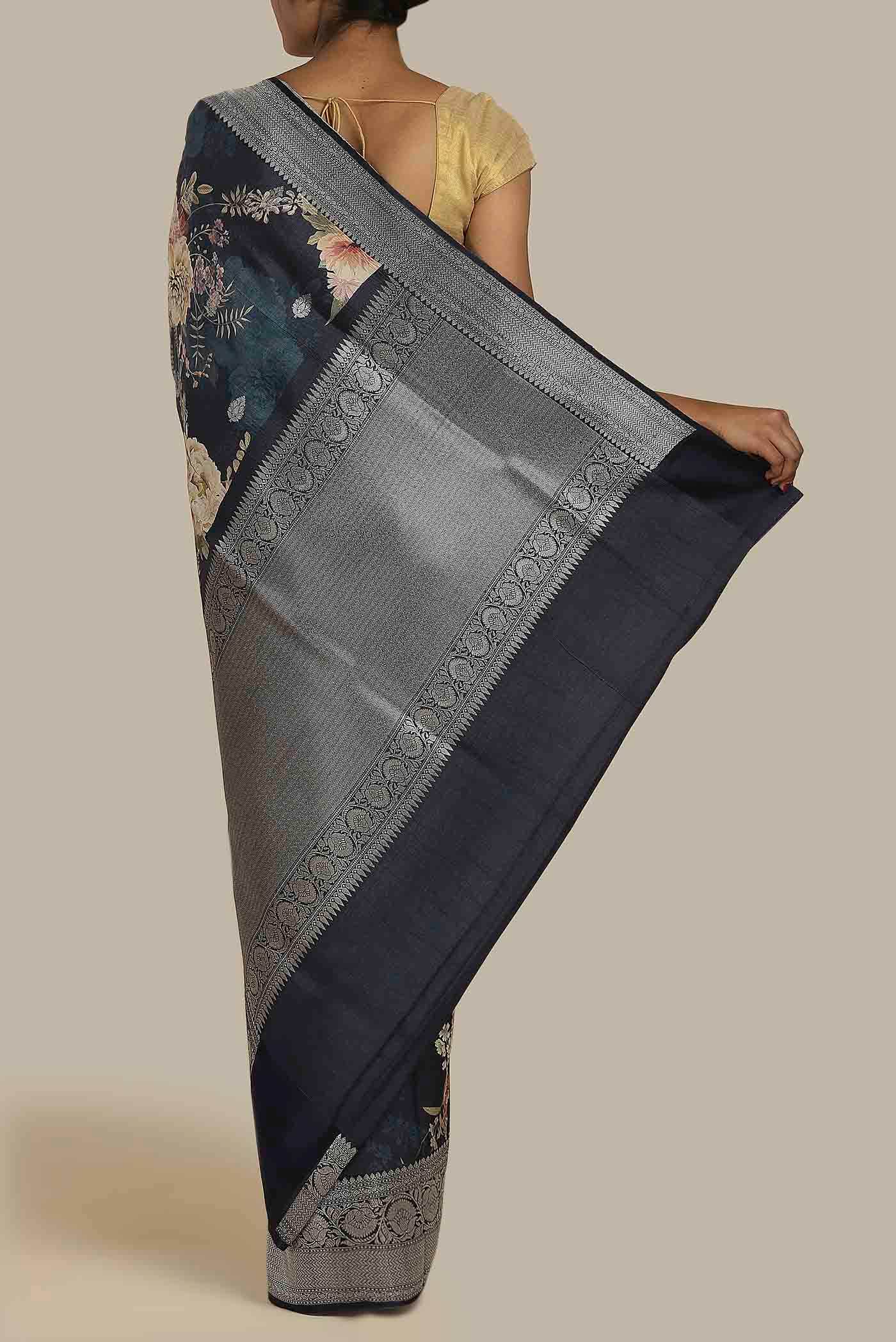 Navy Blue Bhagalpuri Tussar Silk Saree