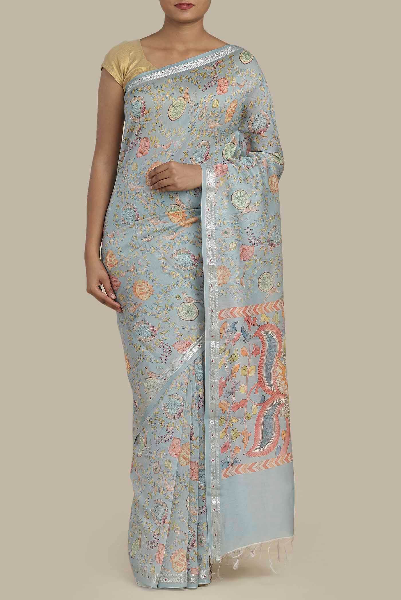 Light Blue Chanderi Silk Cotton Saree