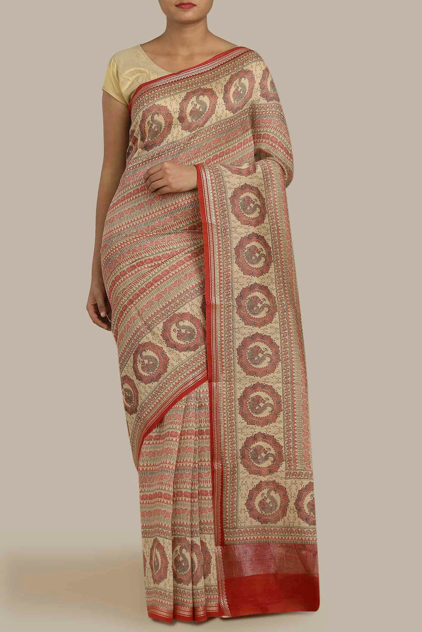 Beige Bhagalpuri Tussar Silk Saree