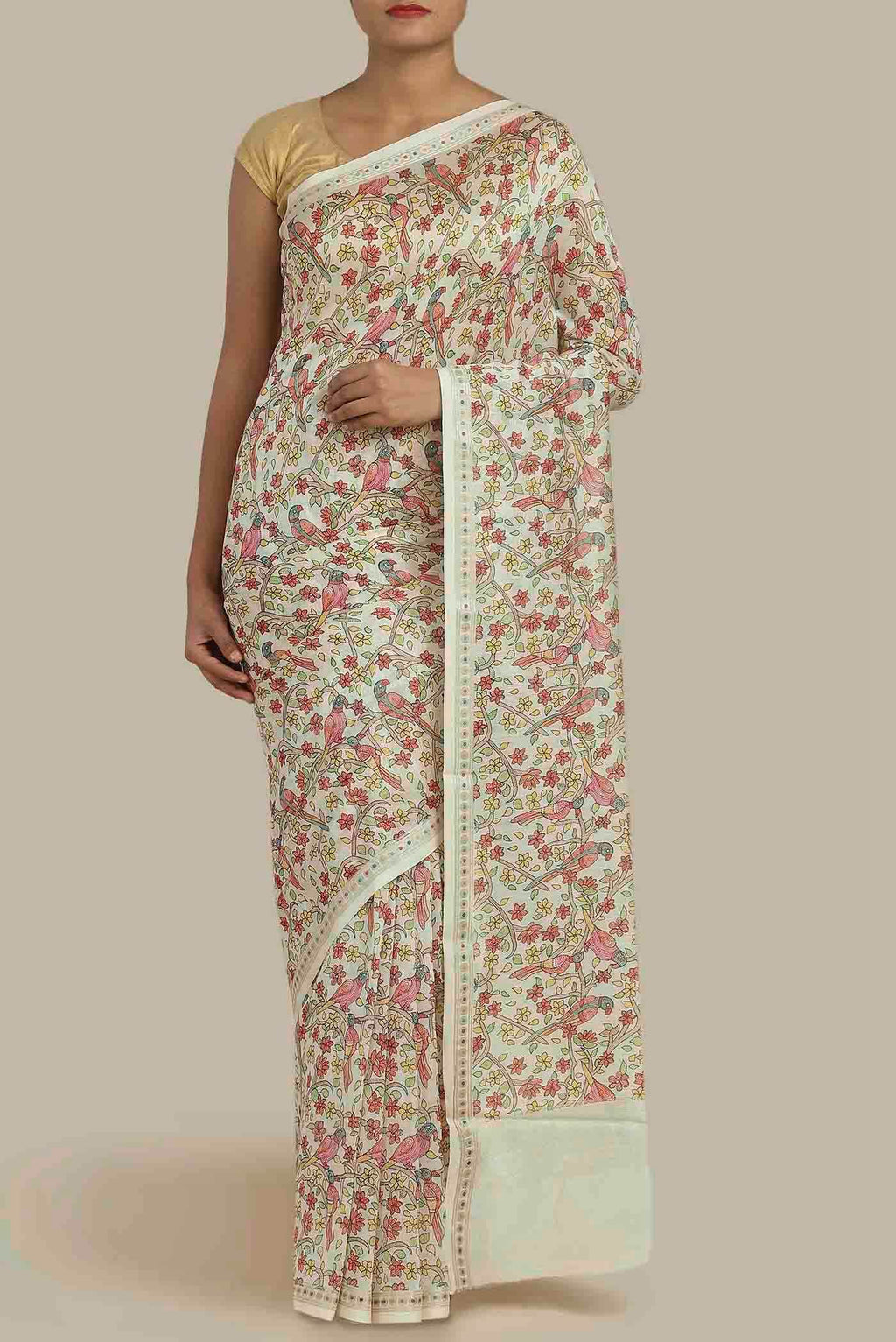 Cream Tussar Silk Saree