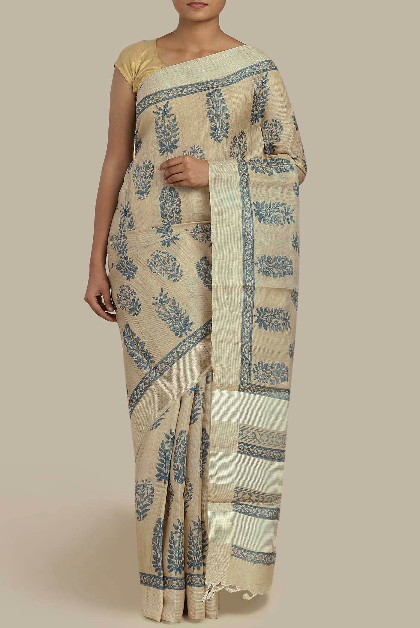 Beige Bhagalpuri Tussar Silk Saree