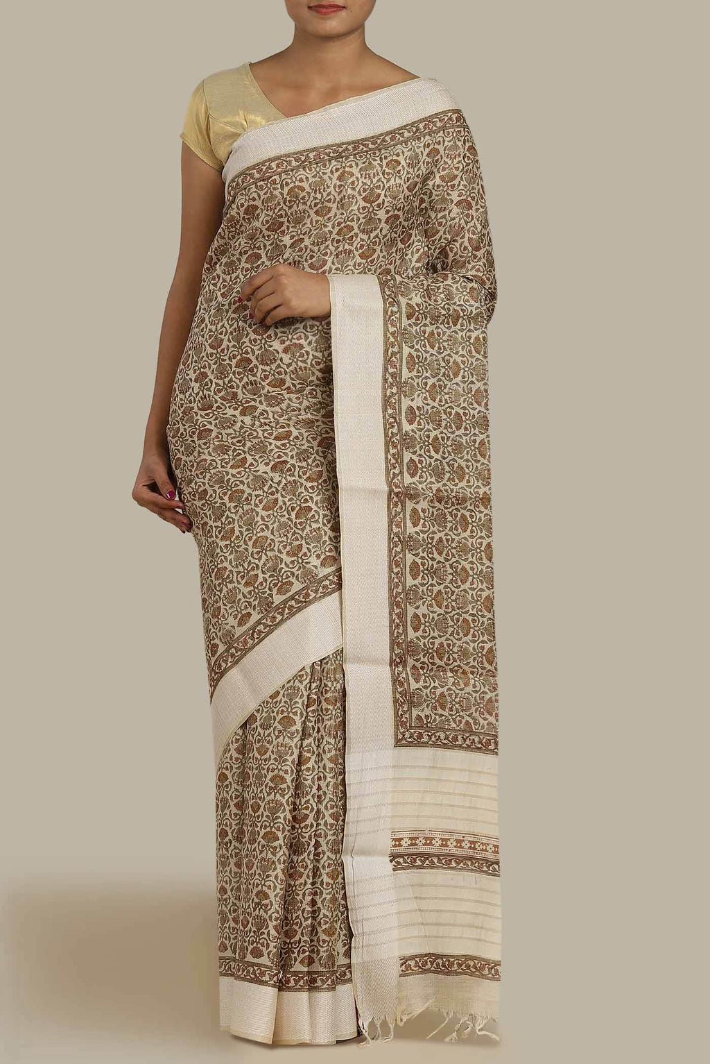 Beige Bhagalpuri Tussar Silk Saree