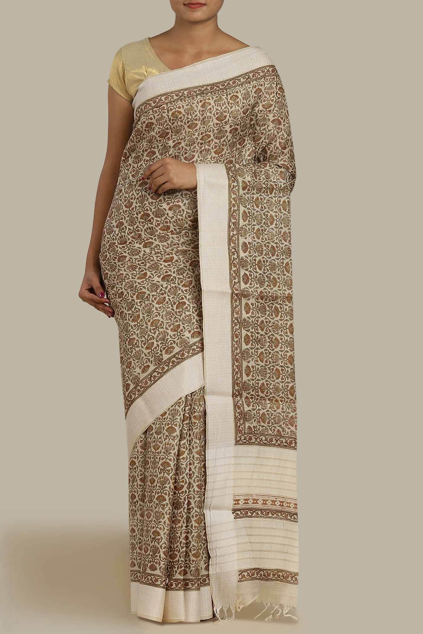 Beige Bhagalpuri Tussar Silk Saree