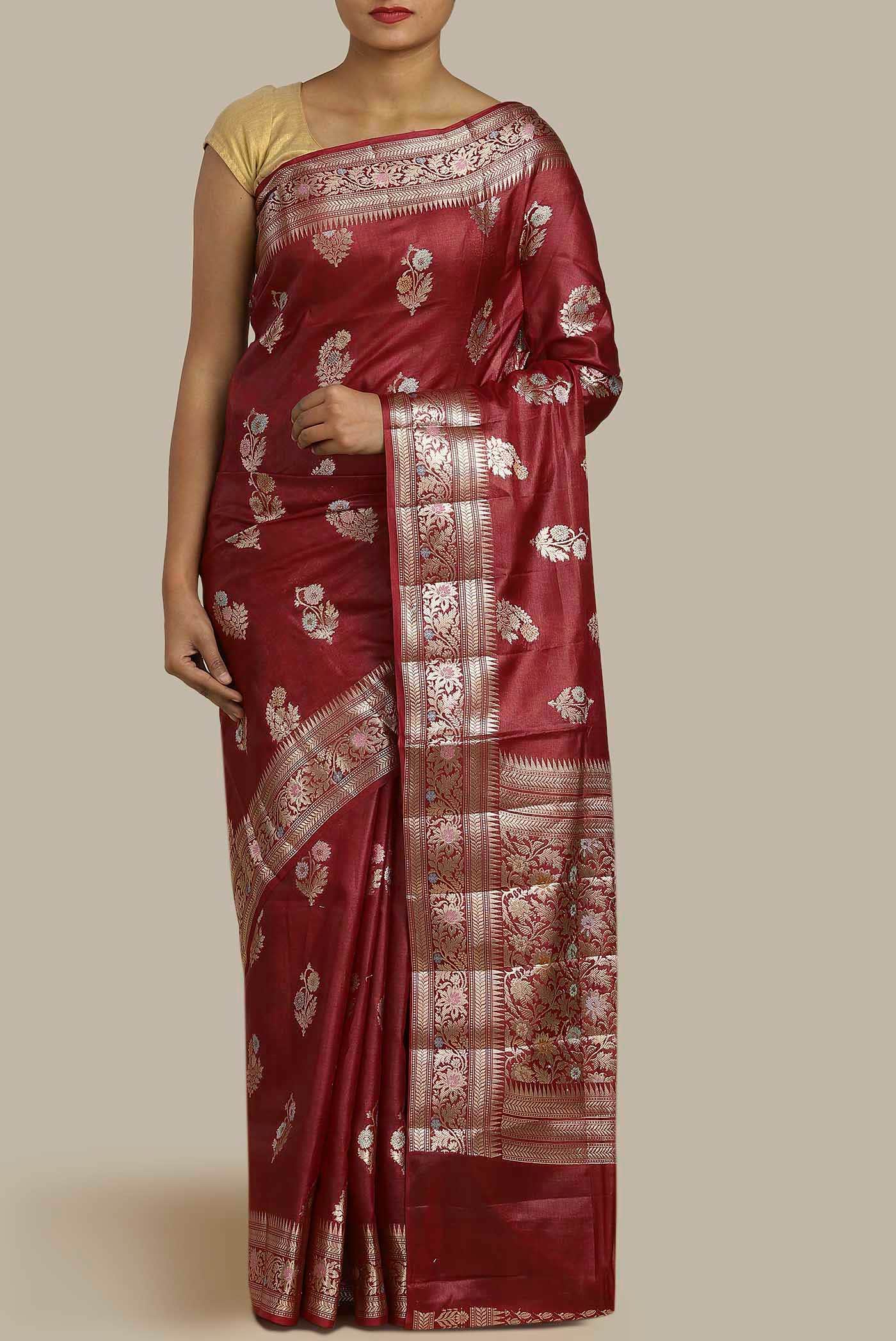 Maroon Banarasi Tussar Silk Saree