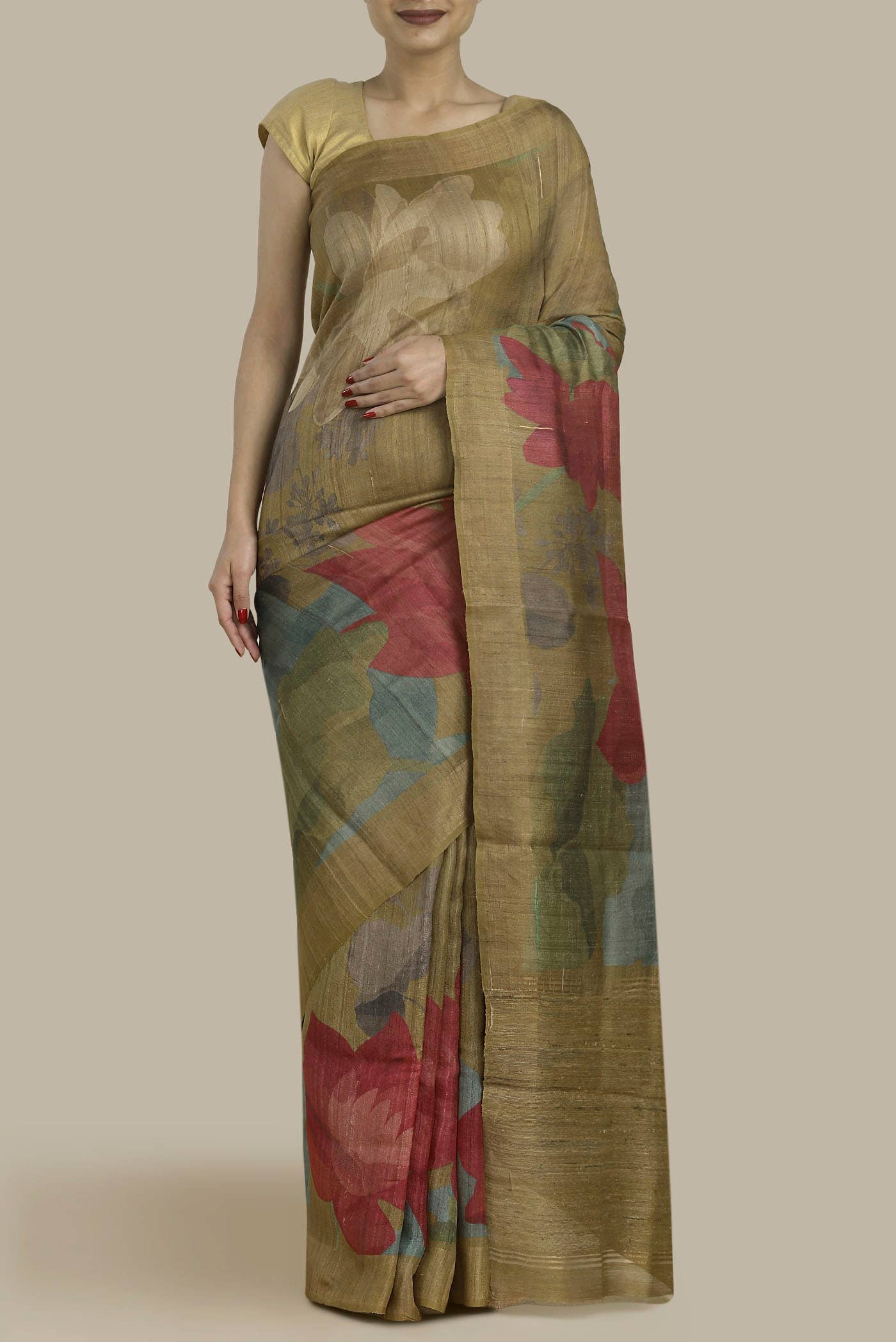 Dark Beige Bhagalpuri Tussar Silk Saree