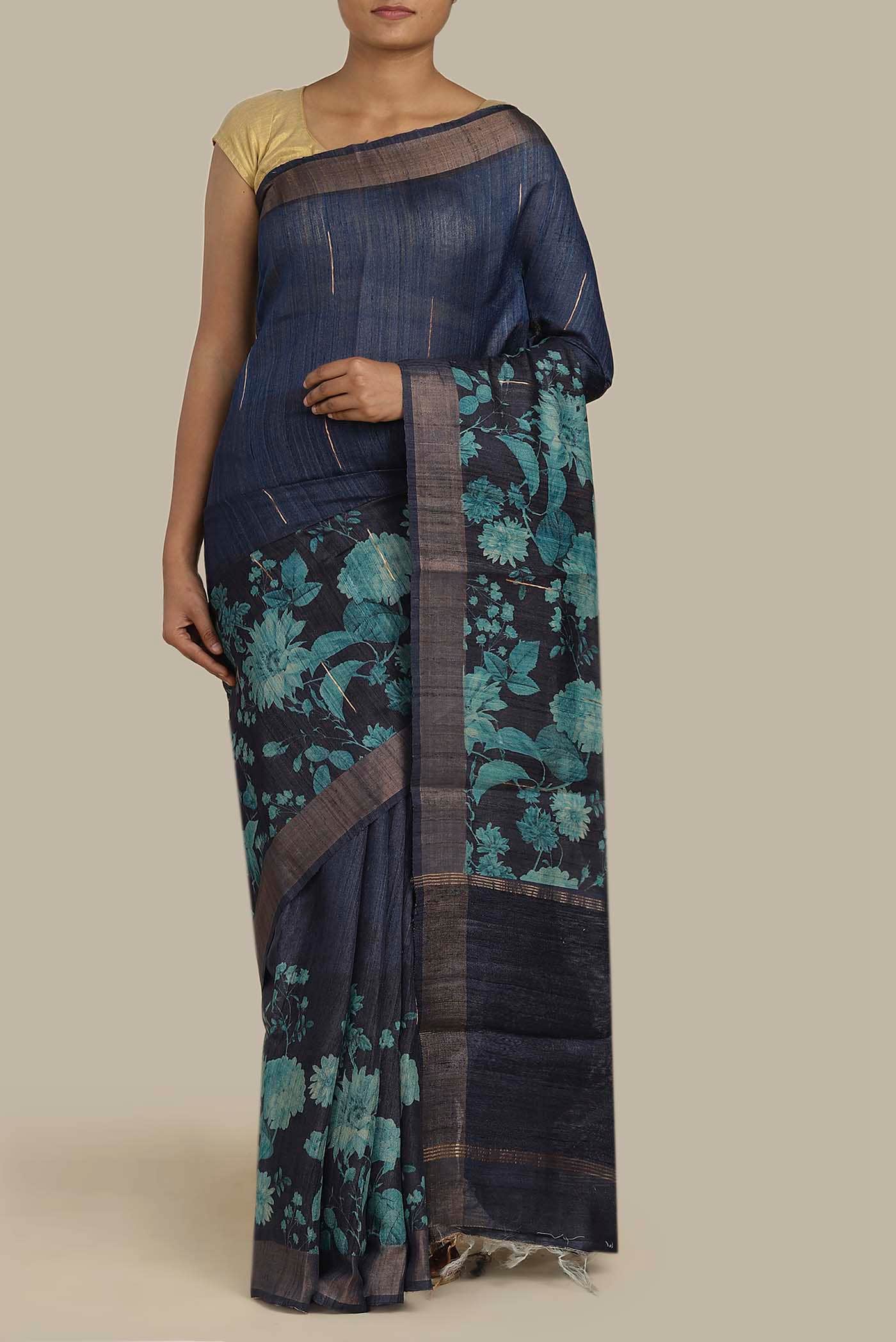 Navy Blue Bhagalpuri Tussar Silk Saree