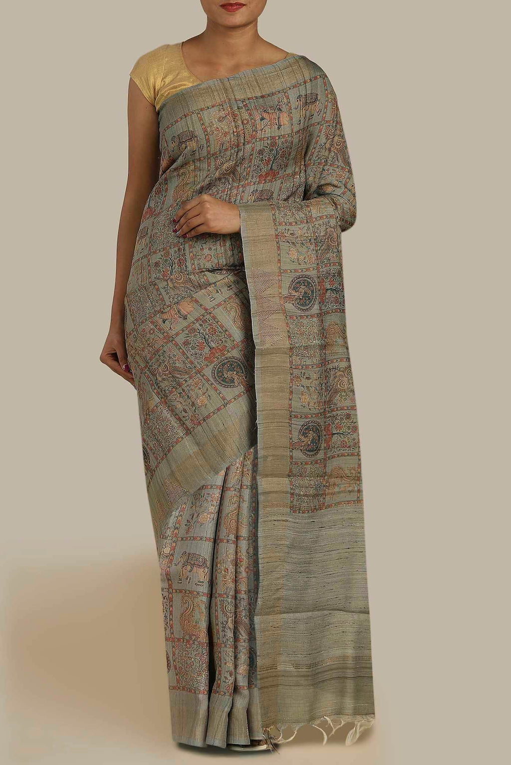 Grey Tussar Silk Saree