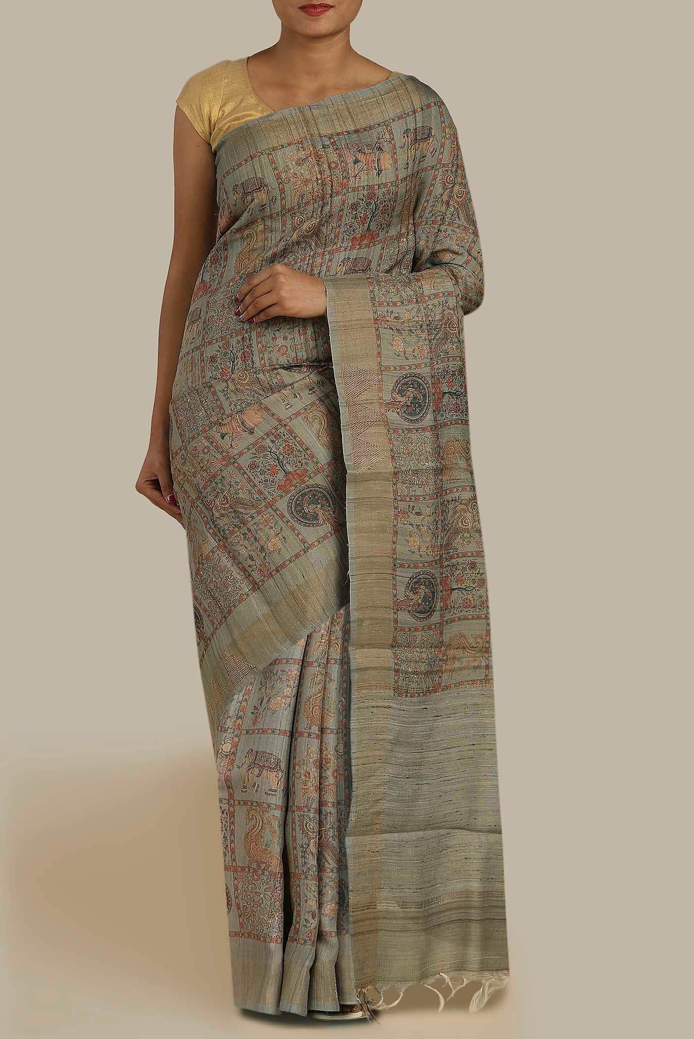 Grey Tussar Silk Saree