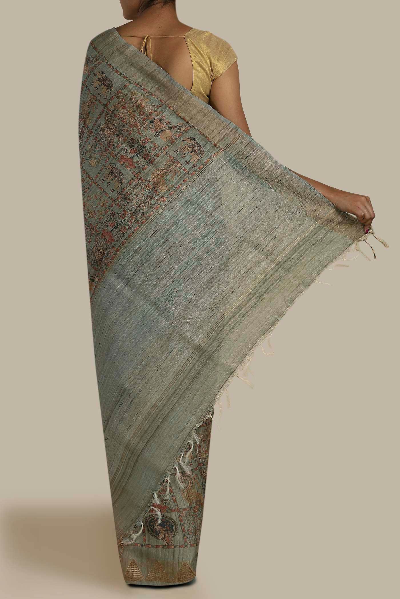 Grey Tussar Silk Saree