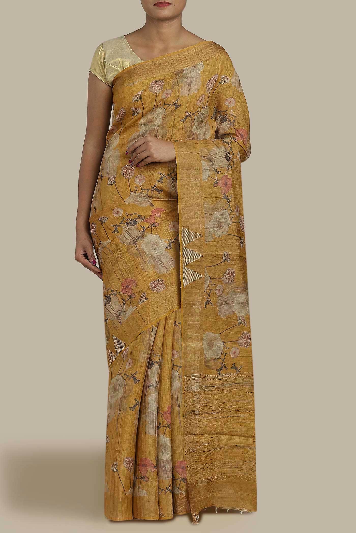 Yellow Bhagalpuri Tussar Silk Saree