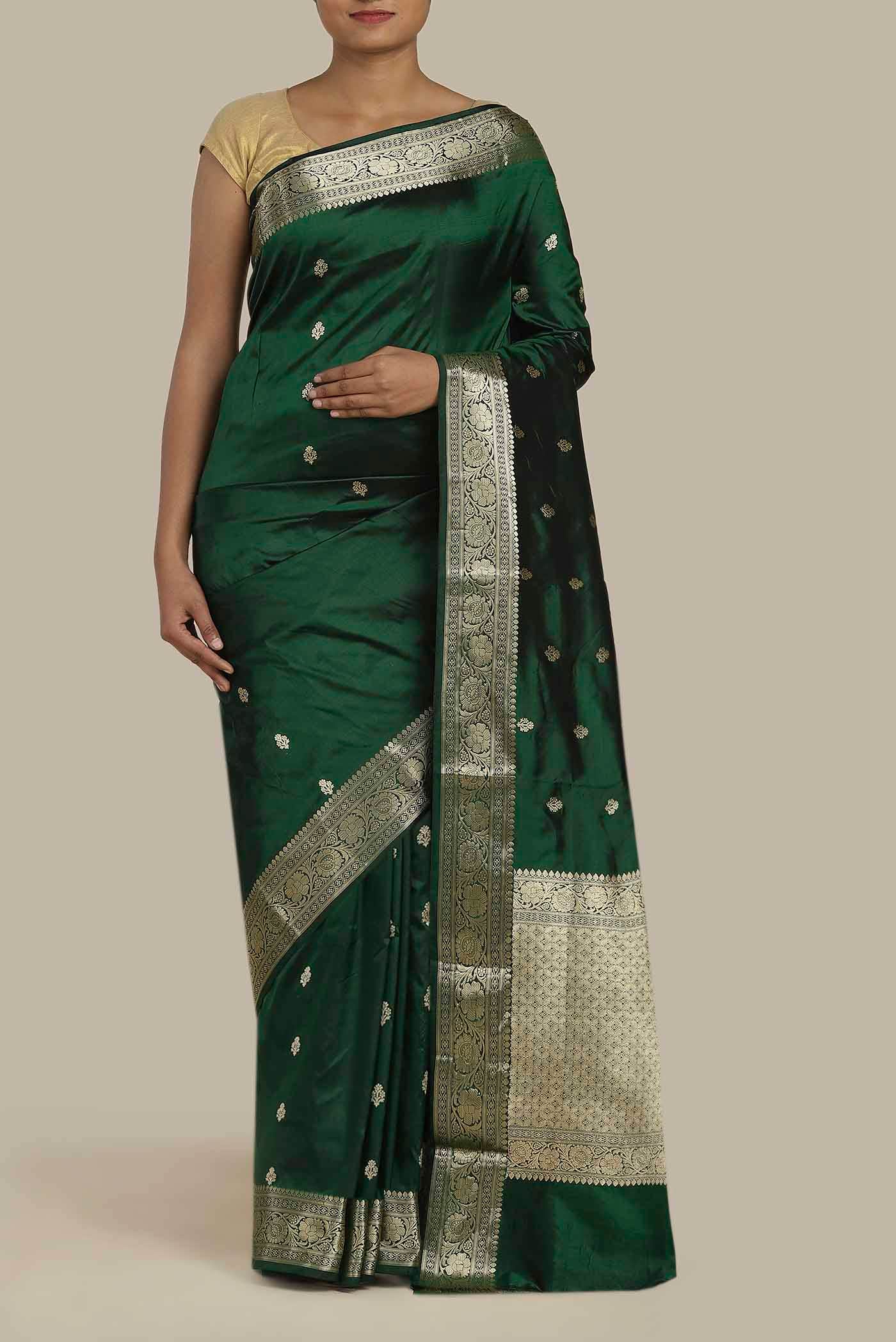 Bottle Green Banarasi Kora Cotton Saree
