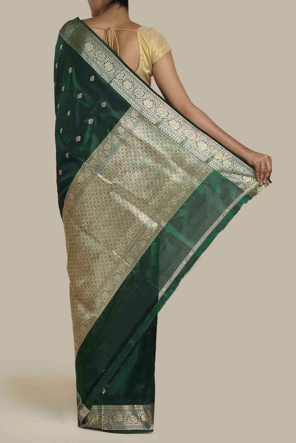 Bottle Green Banarasi Kora Cotton Saree