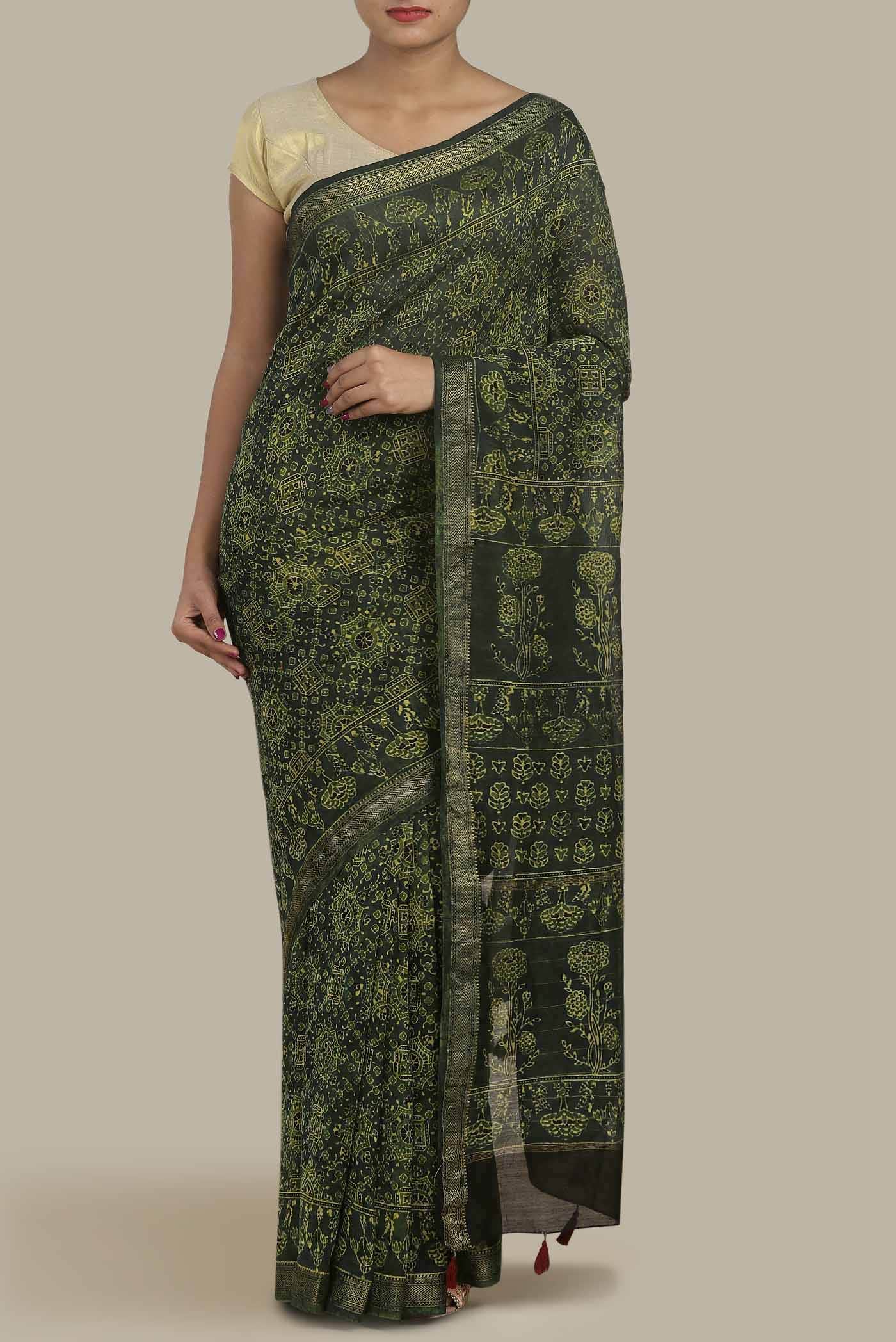 Green Maheshwari Silk Cotton Saree