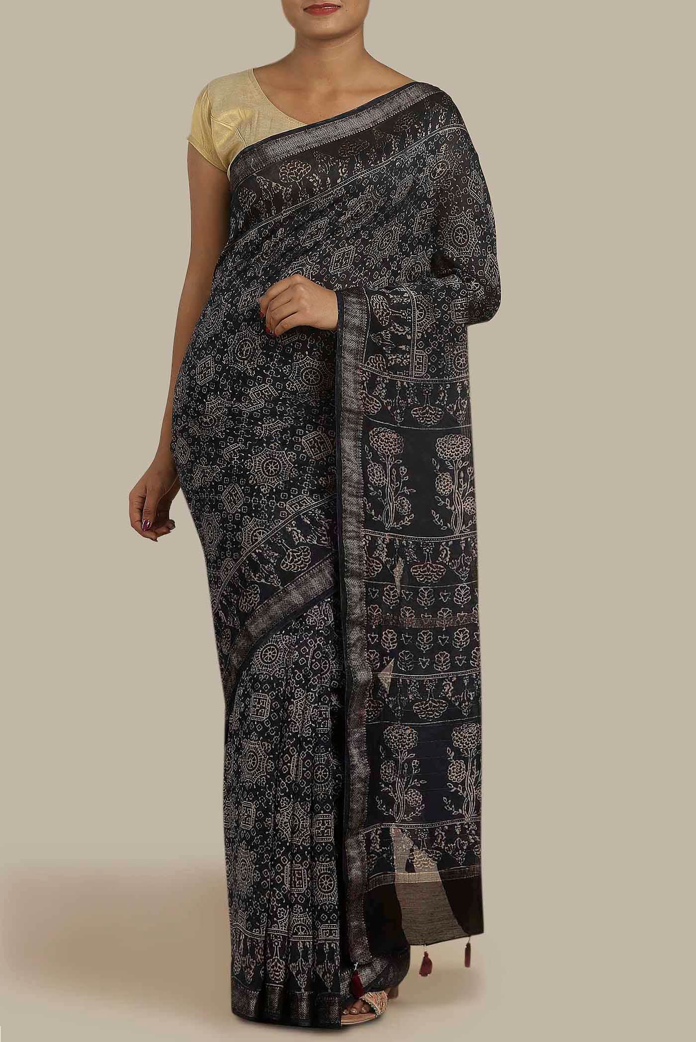Navy Blue Maheshwari Silk Cotton Saree
