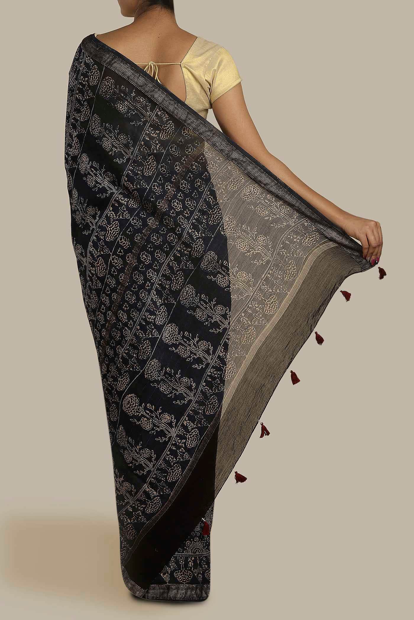 Navy Blue Maheshwari Silk Cotton Saree