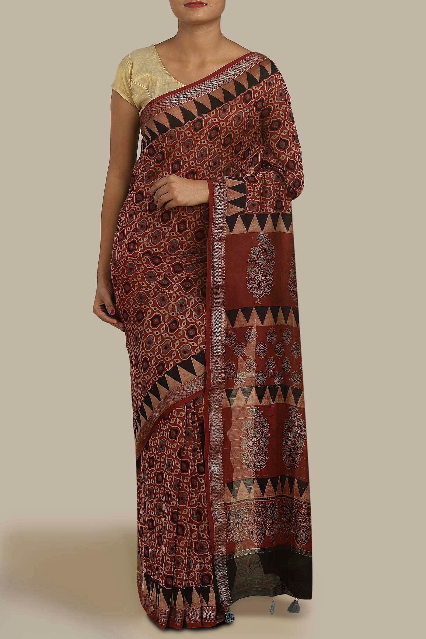 Rust Maheshwari Silk Cotton Saree
