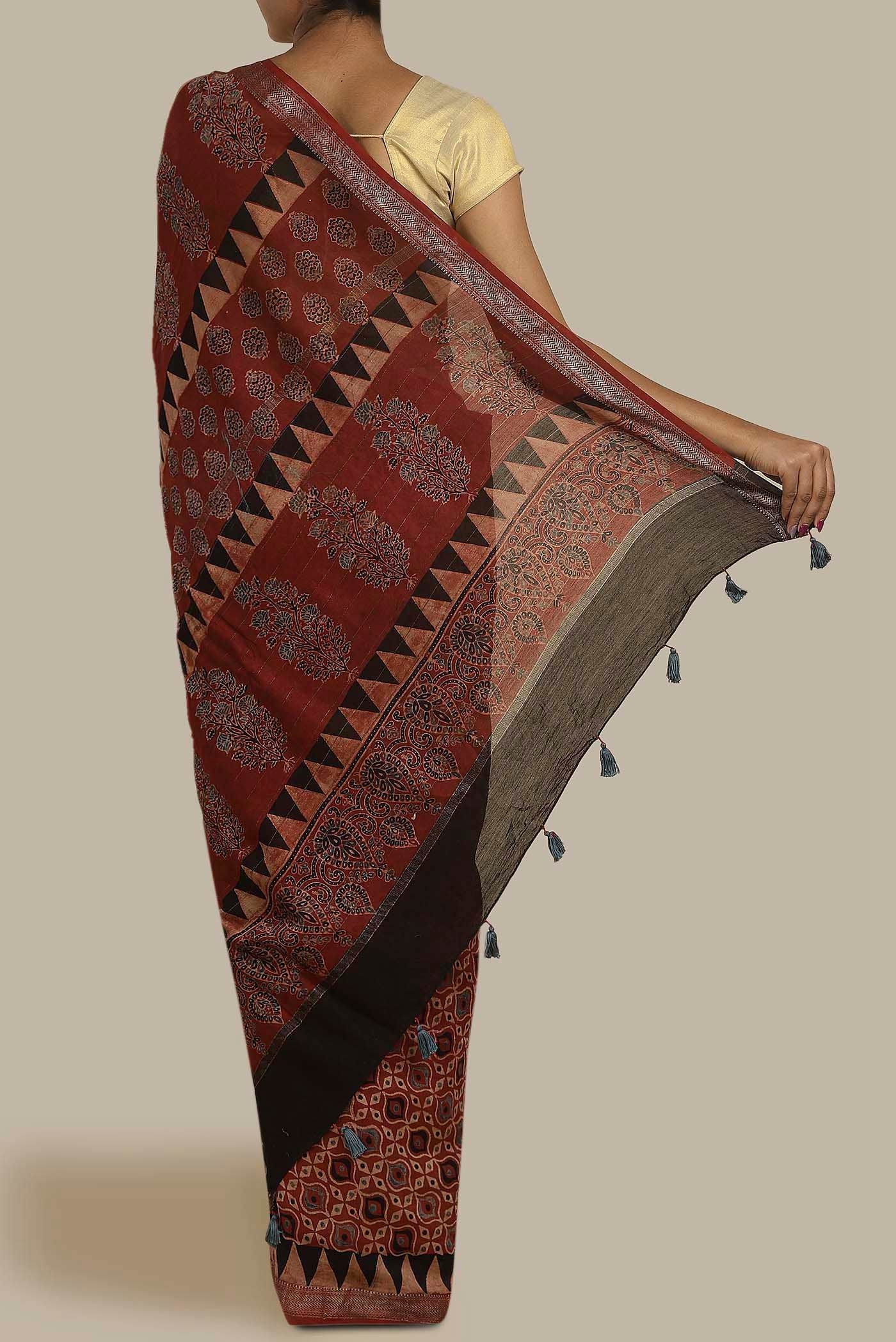 Rust Maheshwari Silk Cotton Saree