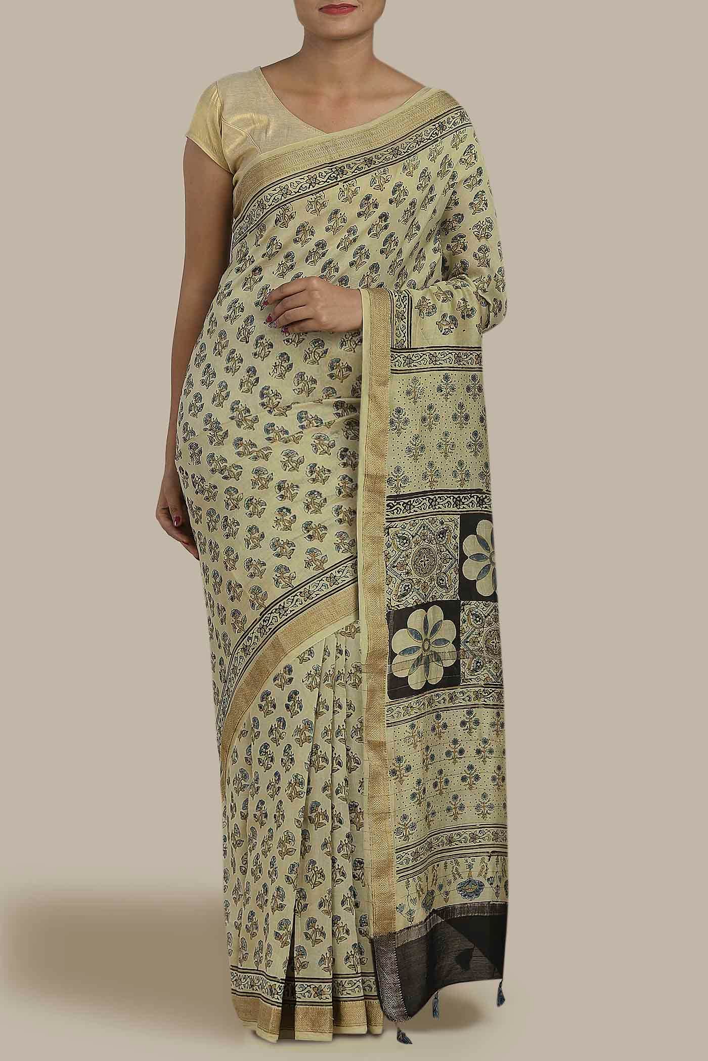 Beige Maheshwari Silk Cotton Saree