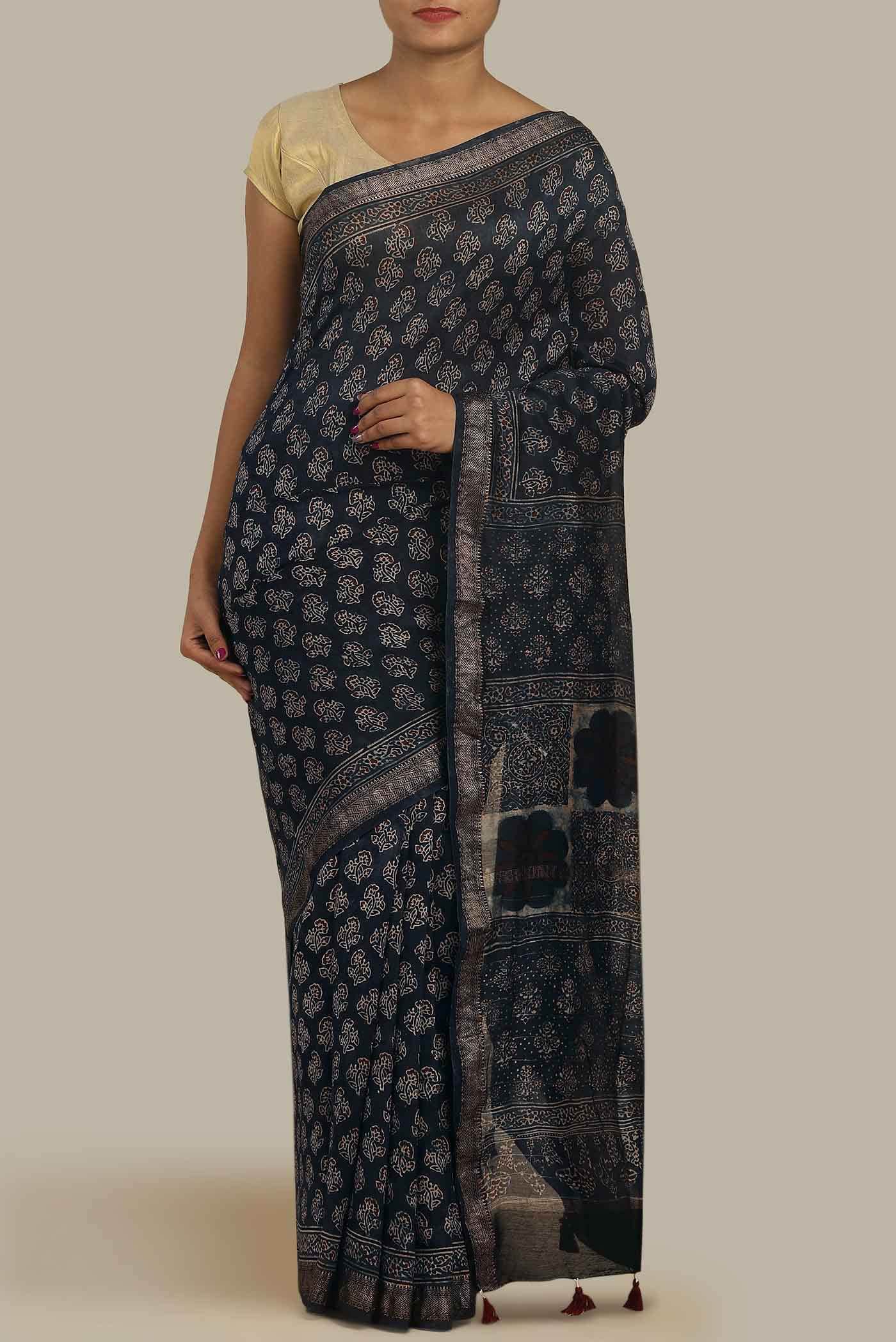 Indigo Maheshwari Silk Cotton Saree