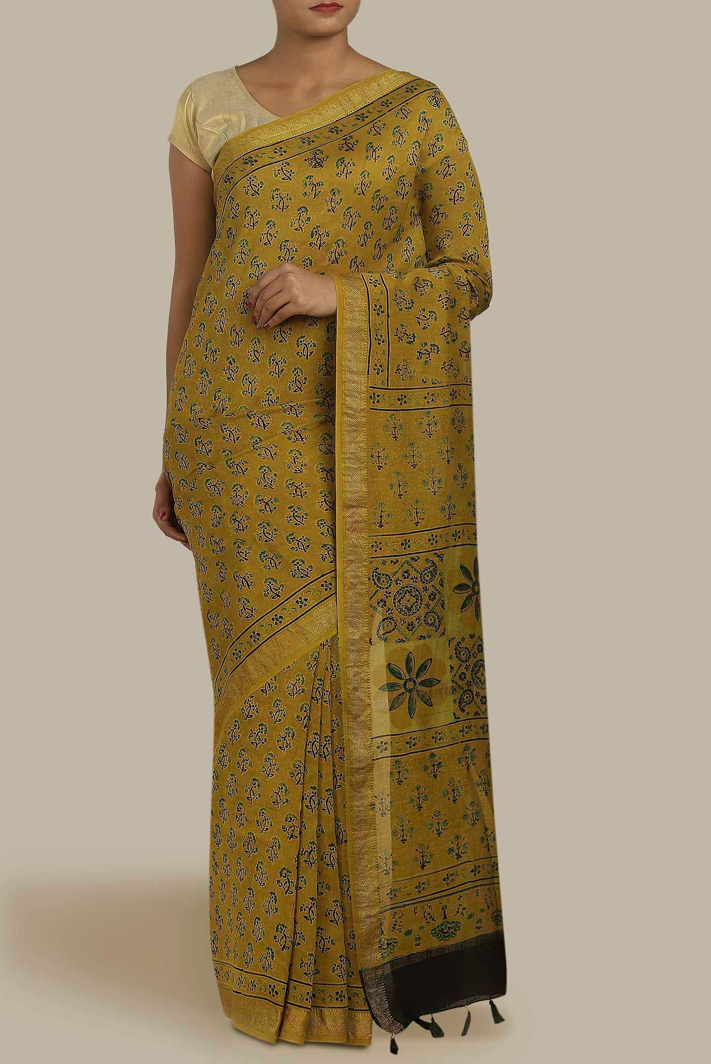 Yellow Maheshwari Silk Cotton Saree