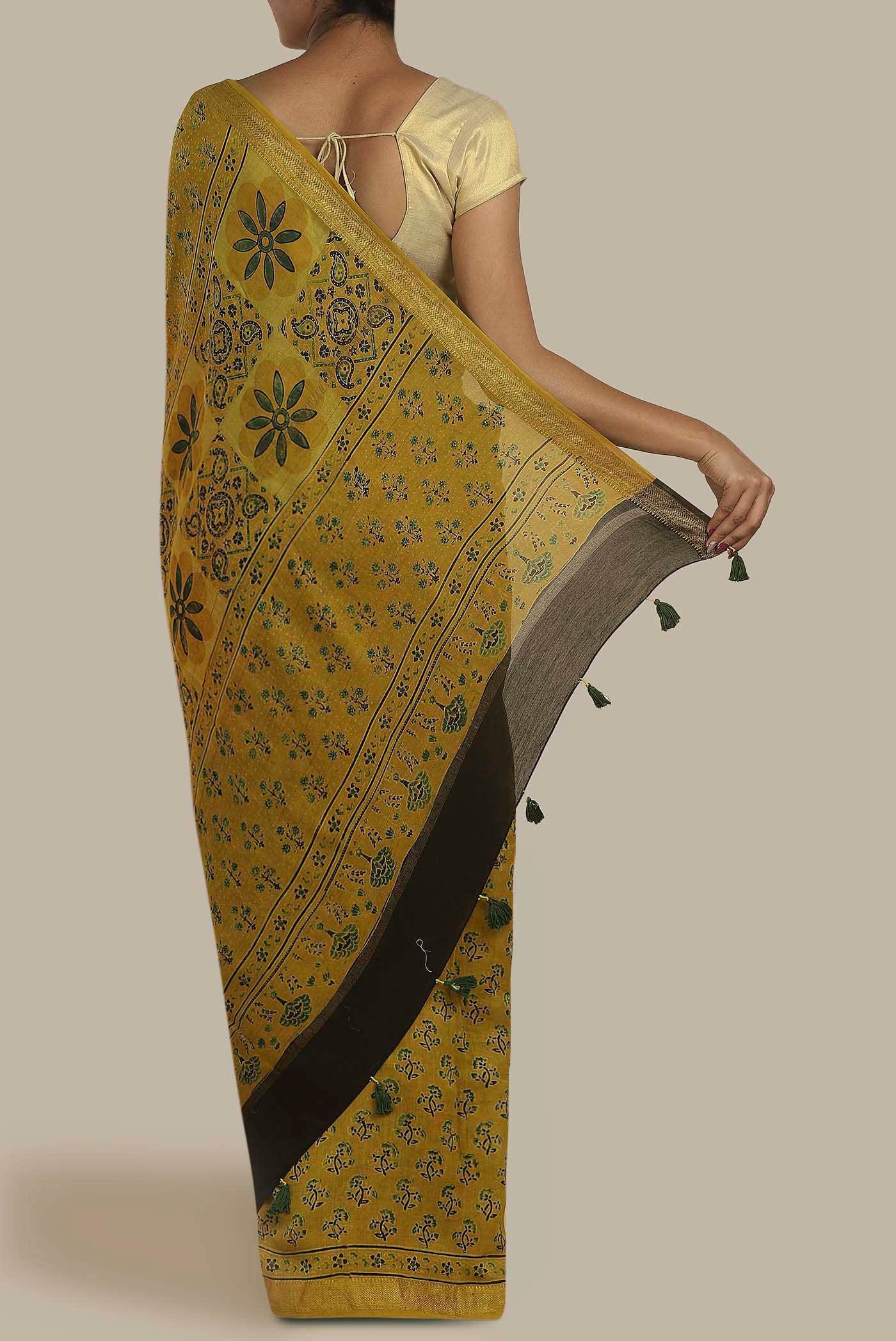 Yellow Maheshwari Silk Cotton Saree