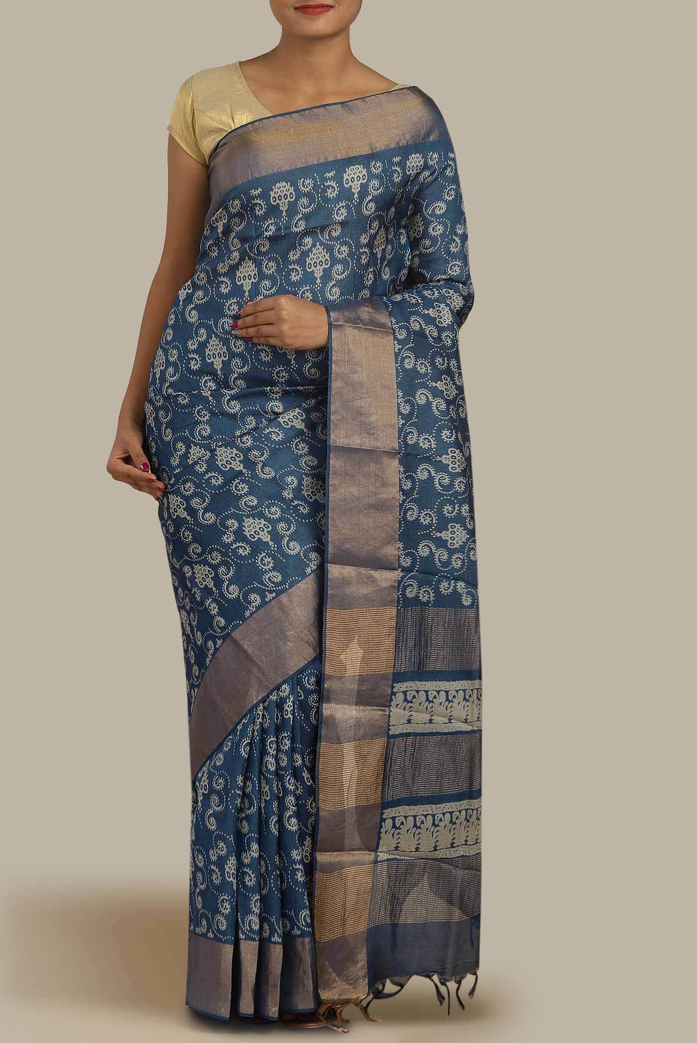 Blue Bhagalpuri Tussar Silk Saree