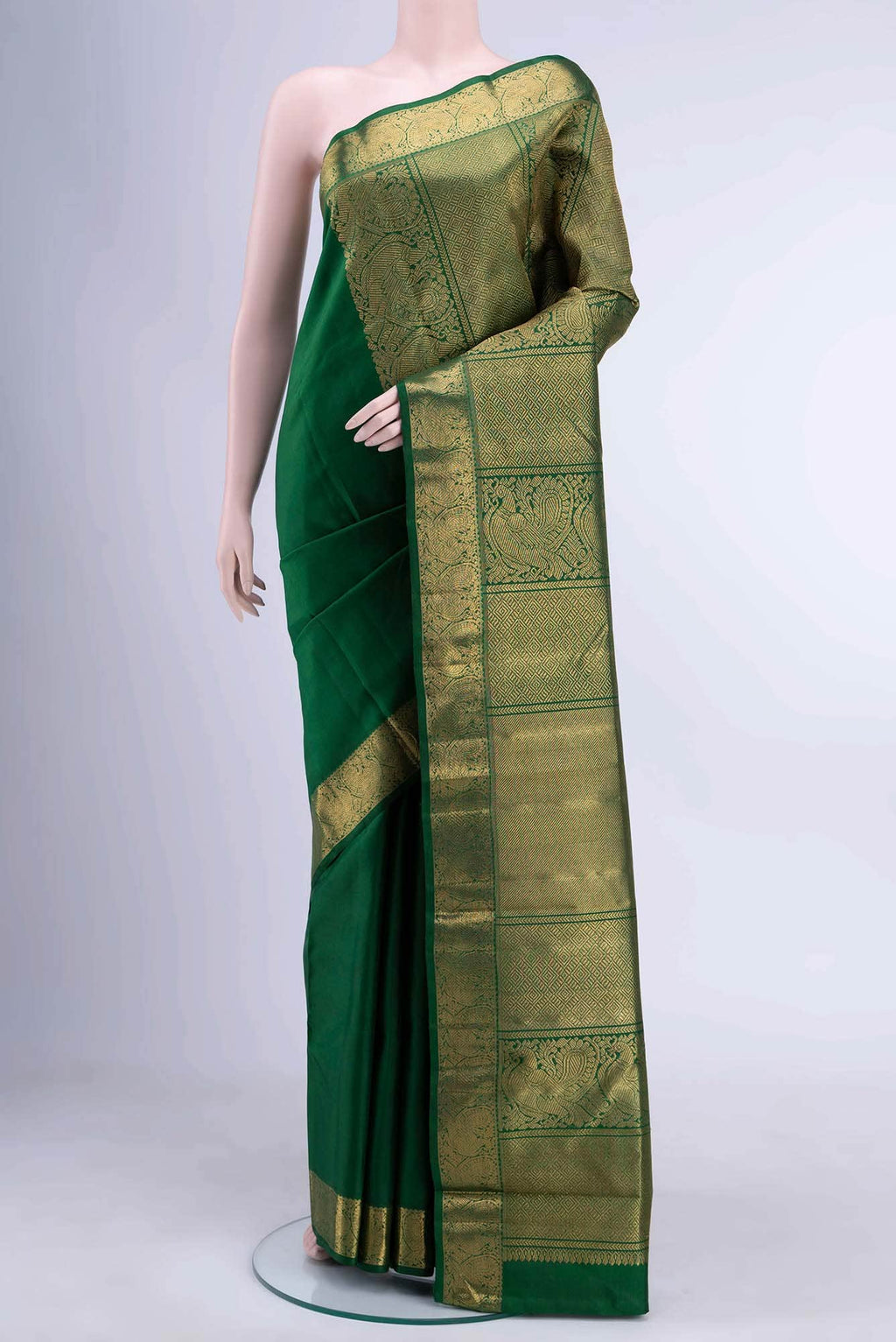 Pure Silk Pure Zari Bottle Green Dual Tone Kanchipuram Saree
