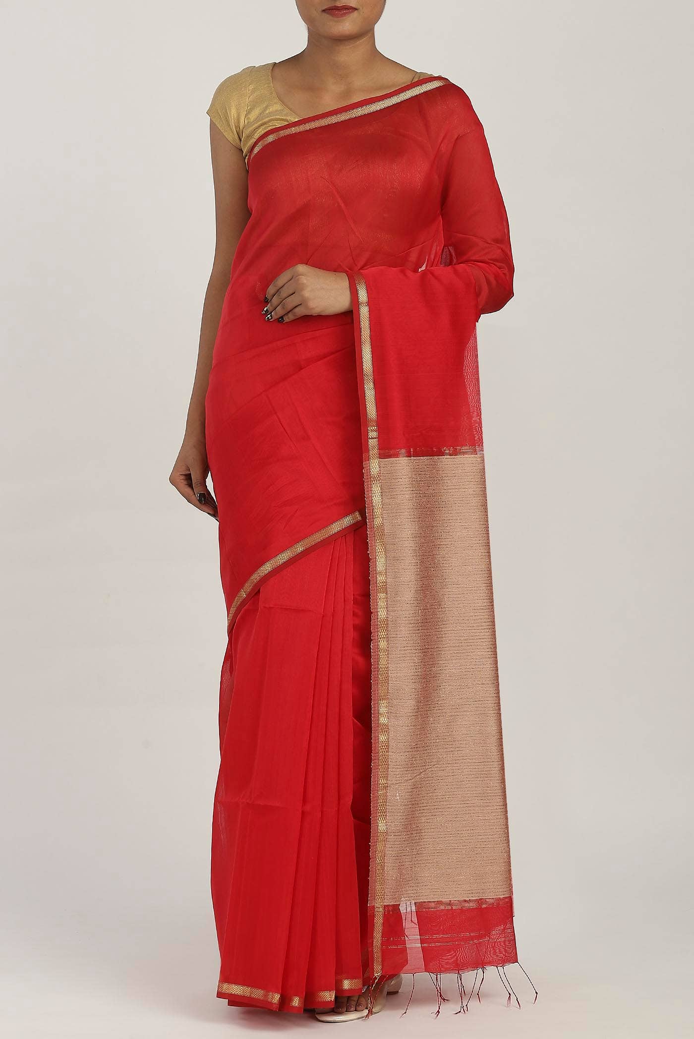 Red Maheshwari Silk Cotton Saree