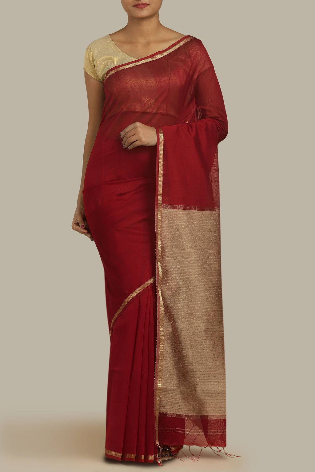 Red Maheshwari Silk Cotton Saree
