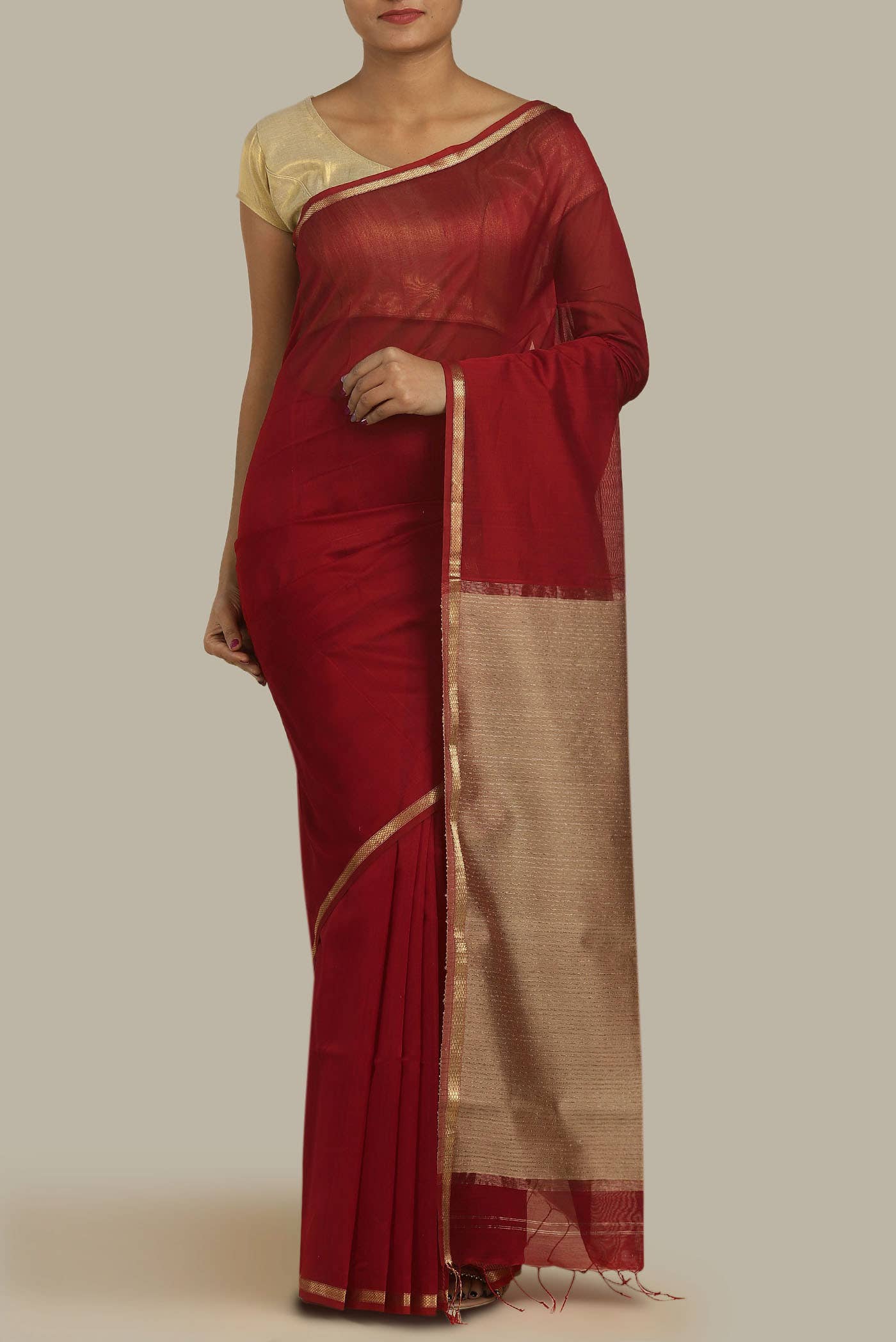 Red Maheshwari Silk Cotton Saree