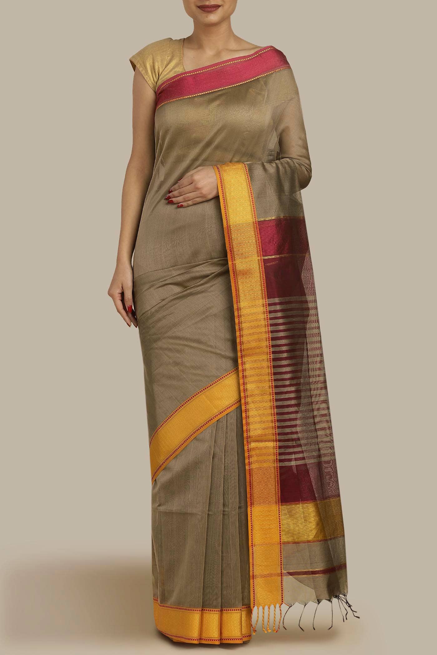 Beige Maheshwari Silk Cotton Saree