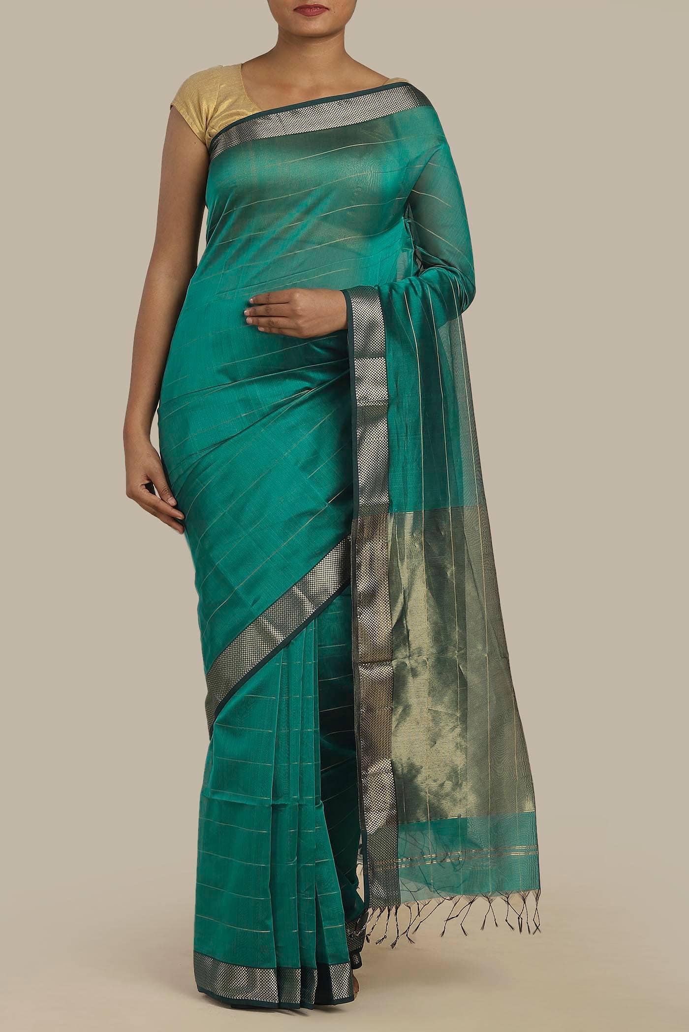 Teal Maheshwari Silk Cotton Saree
