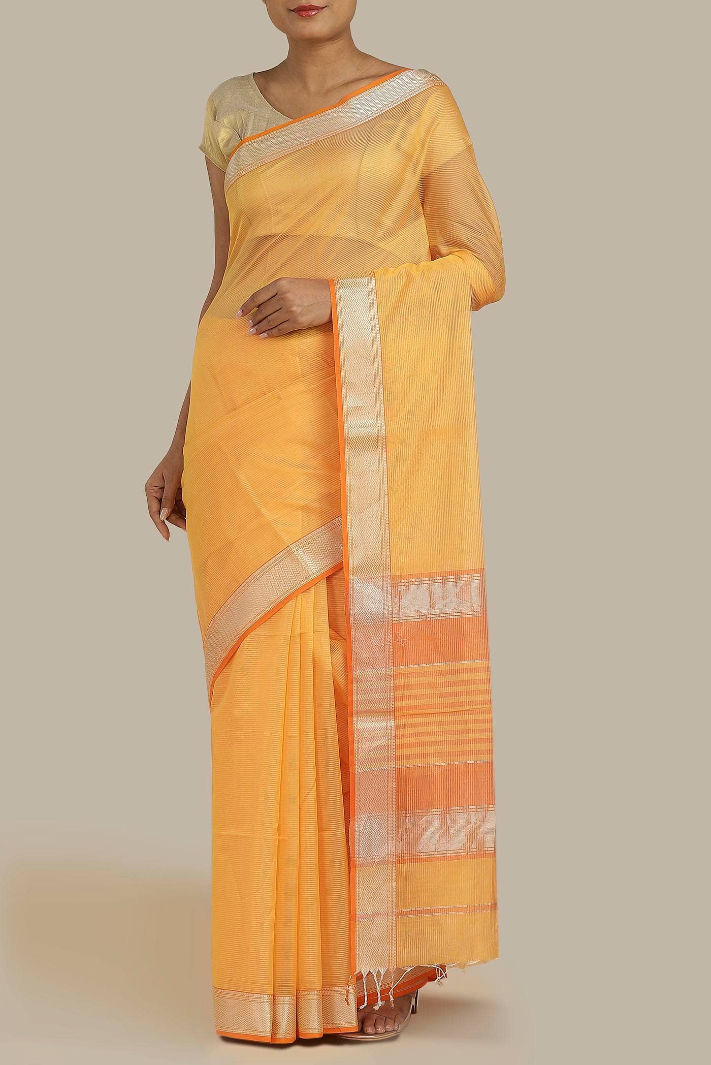 Yellow Maheshwari Silk Cotton Saree