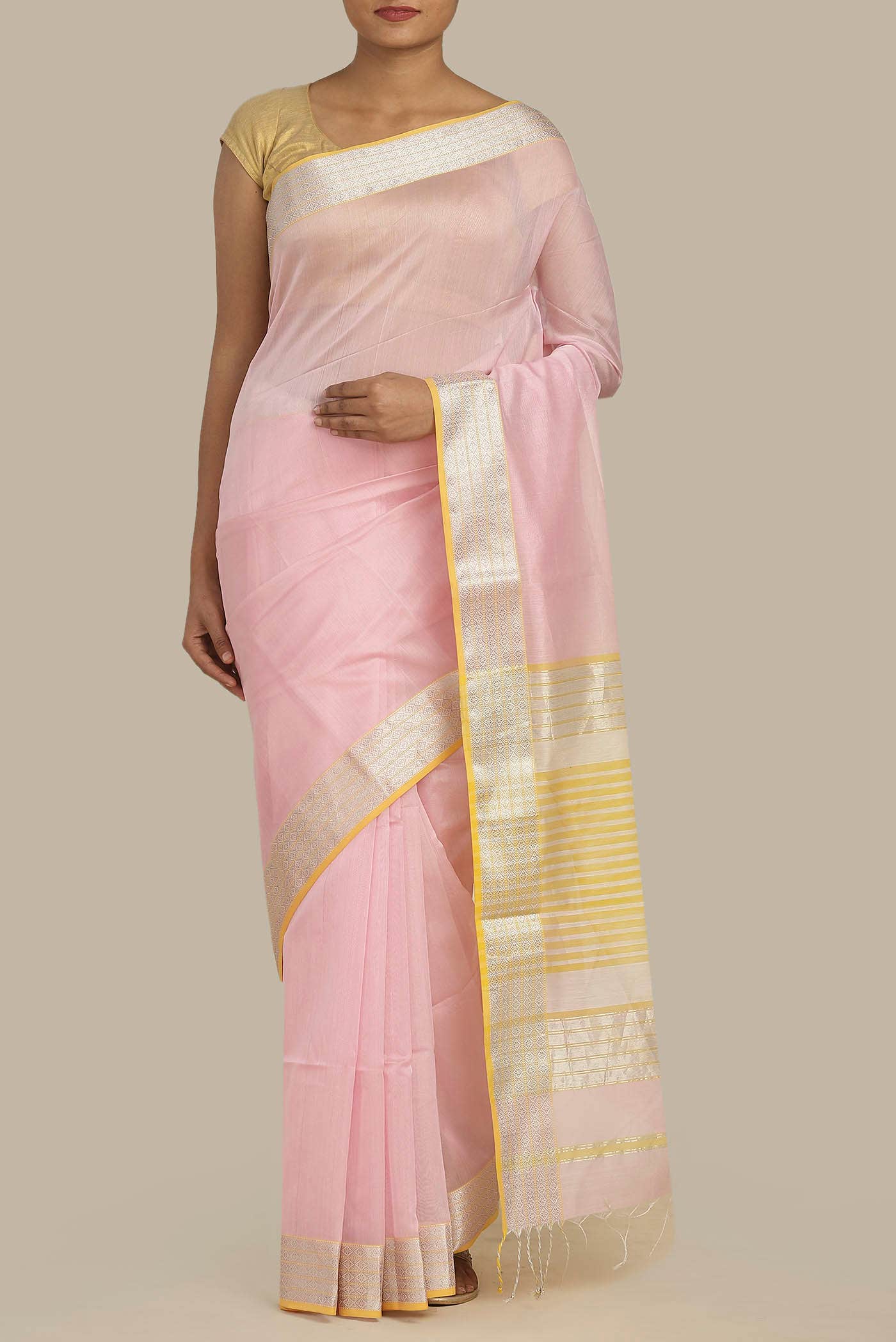 Rose pink Maheshwari Silk Cotton Saree