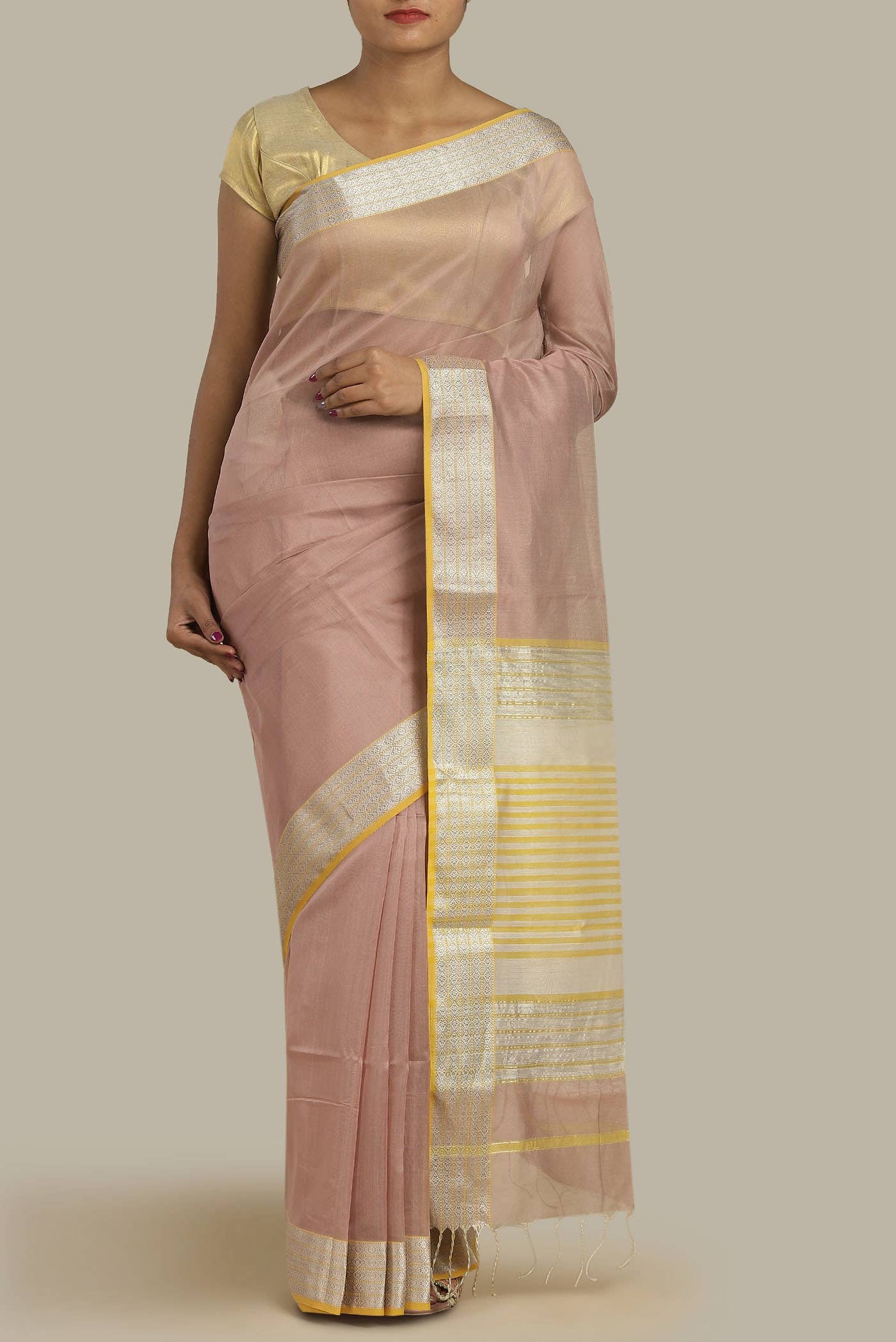 Rose Gold Maheshwari Silk Saree