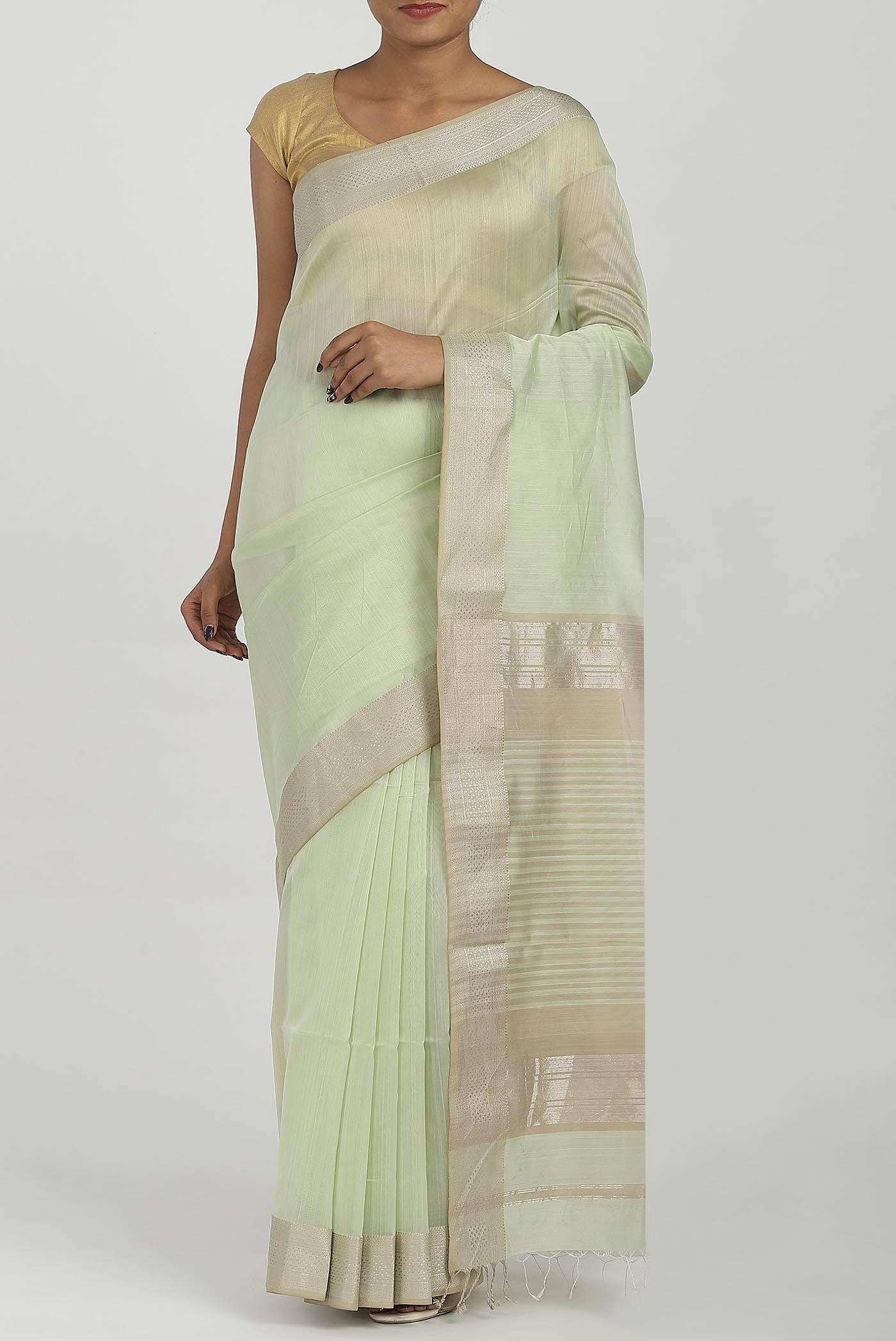 Light Green Maheshwari Silk Cotton Saree
