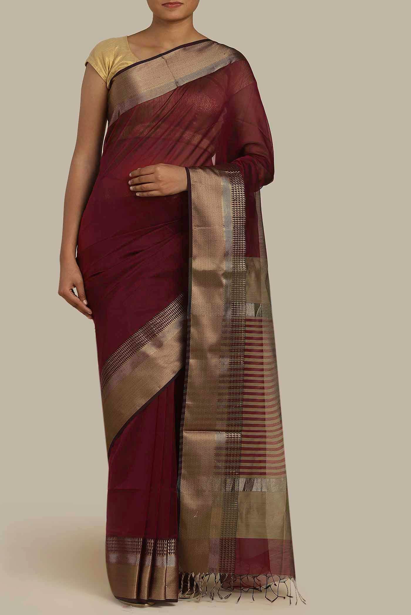 Maroon Maheshwari Silk Cotton Saree