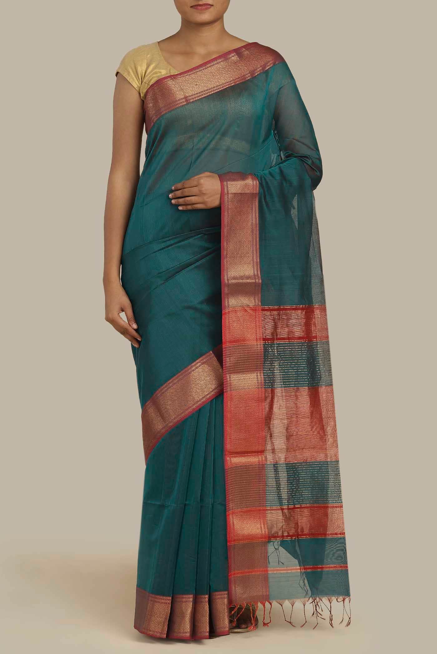 Teal Maheshwari Silk Cotton Saree