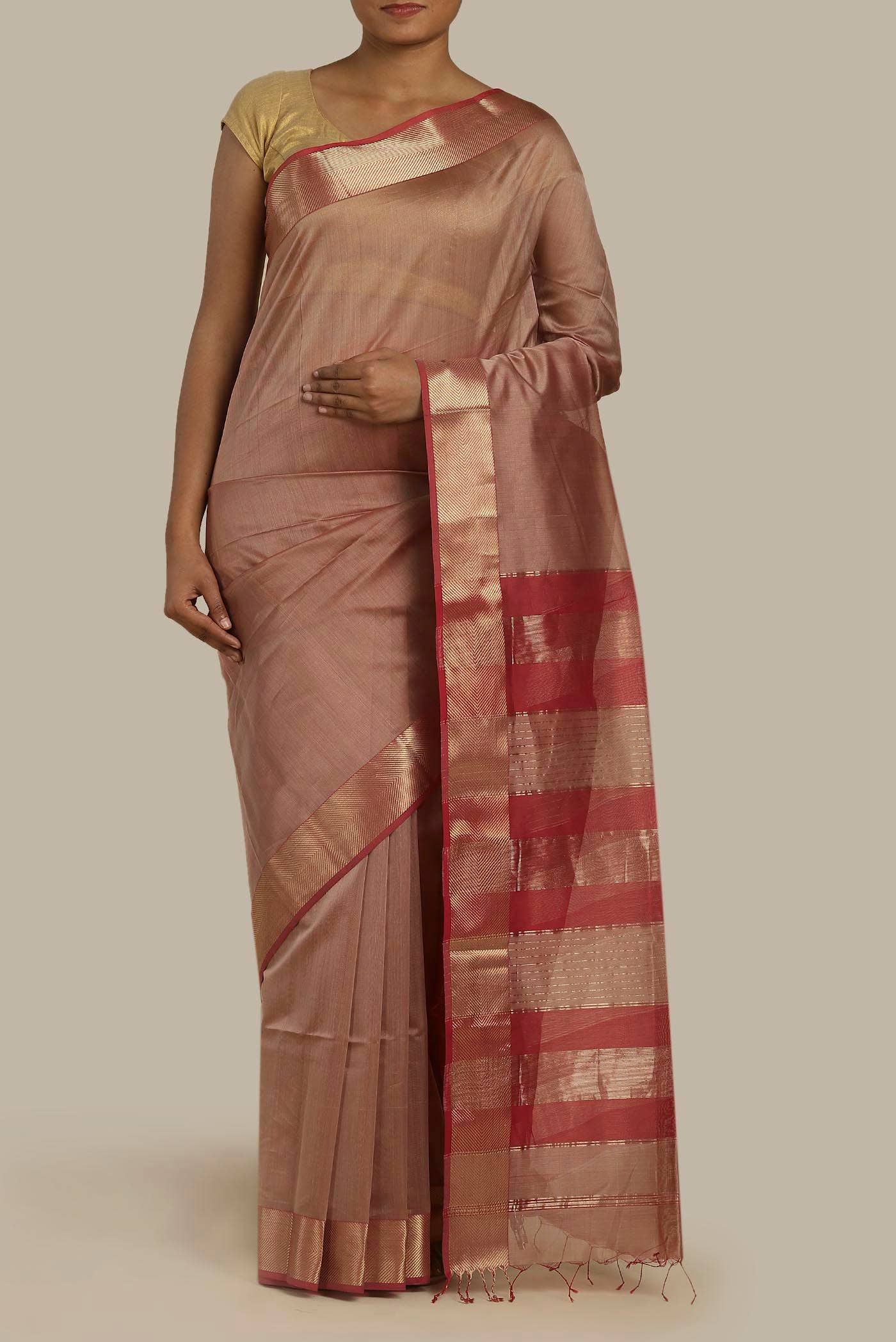 Peach Maheshwari Silk Cotton Saree