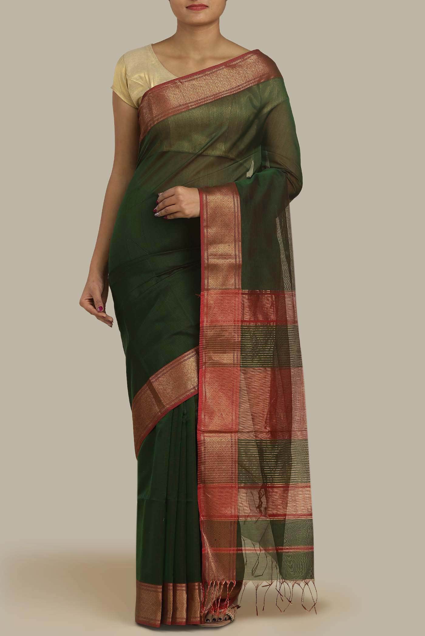Green Maheshwari Silk Cotton Saree