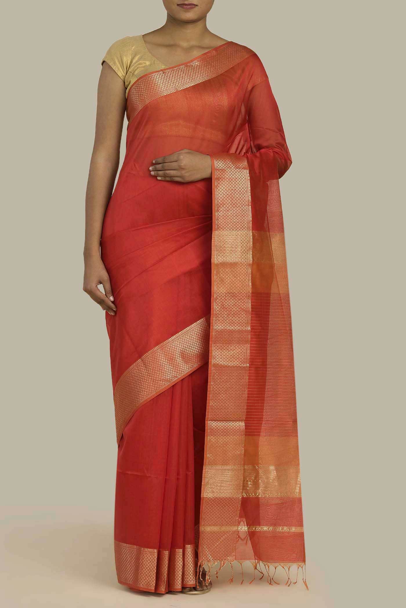 Red Maheshwari Silk Cotton Saree